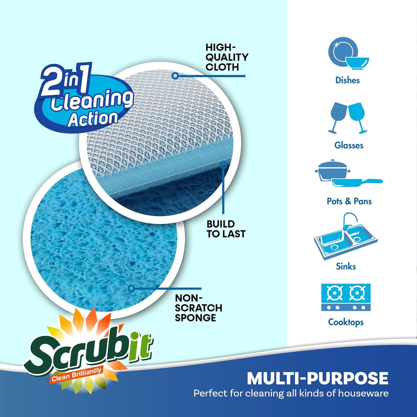 SCRUBIT - [12 Pack] Scrub and Wipe Cleaning Pads – Dual Sided Scouring Pad and Dish Sponge -Reusable Kitchen Sponge for Pots, Pans Utensils & Non-Stick Cookware - Assorted Color Dishwashing sponges
