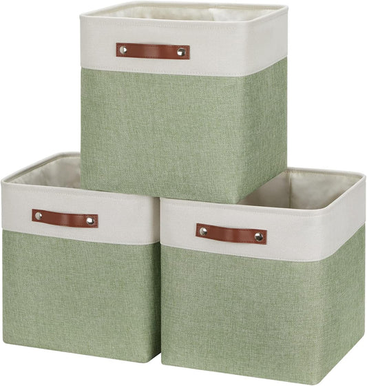 HNZIGE Foldable Storage Cubes & Baskets (3 Pack) - 13 Inch Storage Bin with Leather Handles for Toys, Clothes, Kids (White & Green)