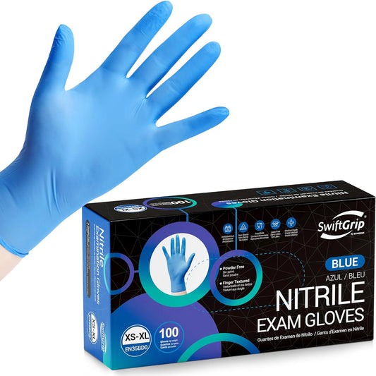 Disposable Nitrile Exam Gloves, Blue, Nitrile Gloves Disposable Latex Free, Medical Gloves, Cleaning Gloves, Food-Safe Rubber Gloves, Powder Free, Non-Sterile, 100-ct Box (Medium)