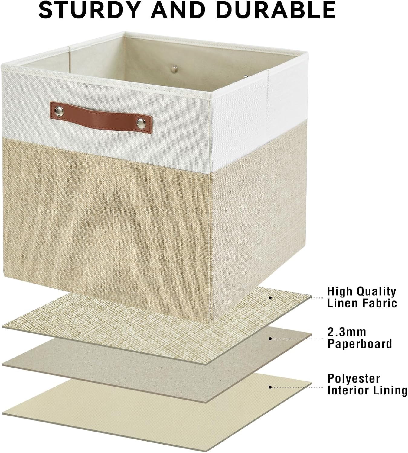 Collapsible Fabric Storage Cube Bins with 2 Reinforced PU Handles, Foldable Storage Organizer Baskets for Closet, Shelves, Living Room | 13"x13"x13", 4 Pack, Beige & White