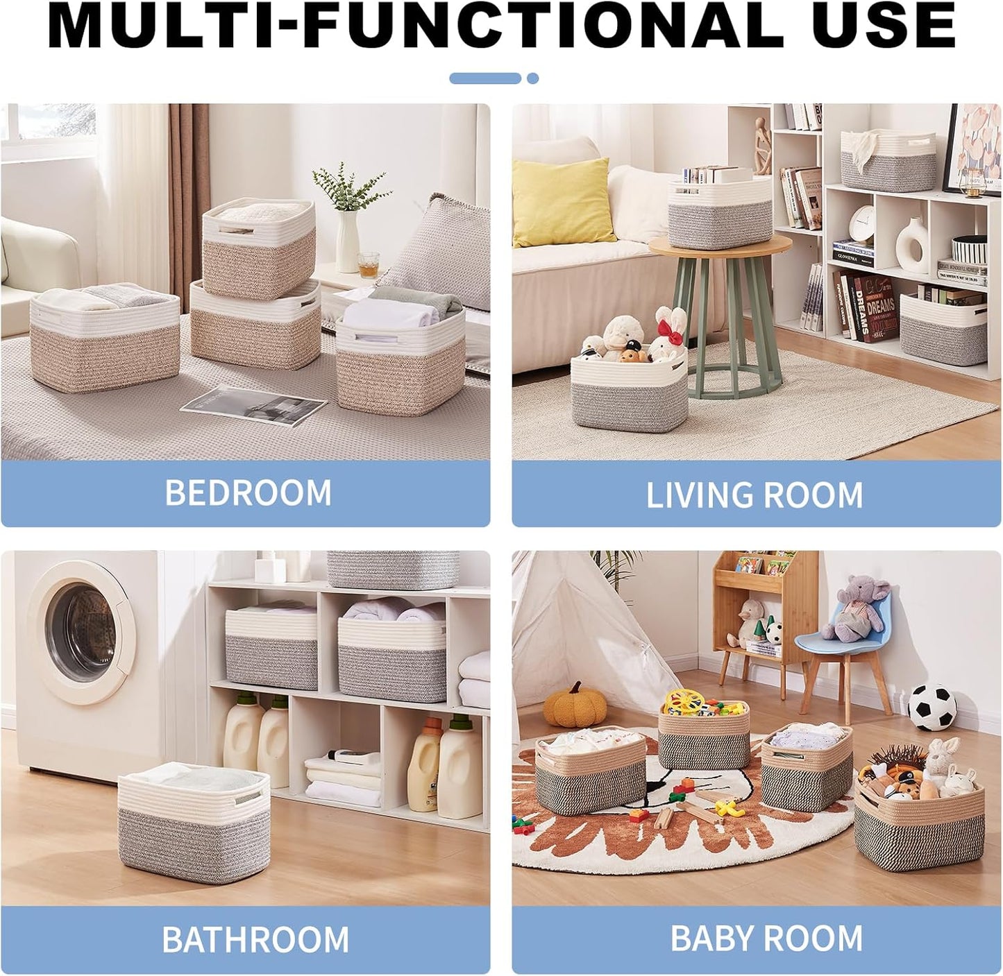 OIAHOMY 4 Pack Storage Baskets for Organizing, Basket for Shelves with Handle, Woven Baskets for Storage Toys, Towels, Books, Cotton Rope Basket 13" L x 9 " W x 7.8 " H, Blue & White