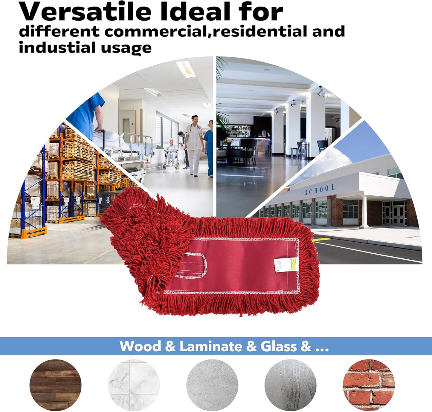 Matthew Cleaning 24'' Industrial Strength Cotton Dust Mop Refill Washable Replacement Heads for Residential & Commercial Use Fit Standard Dust Mop Frames, Hardwood,Concrete Floors Red 6 Pack