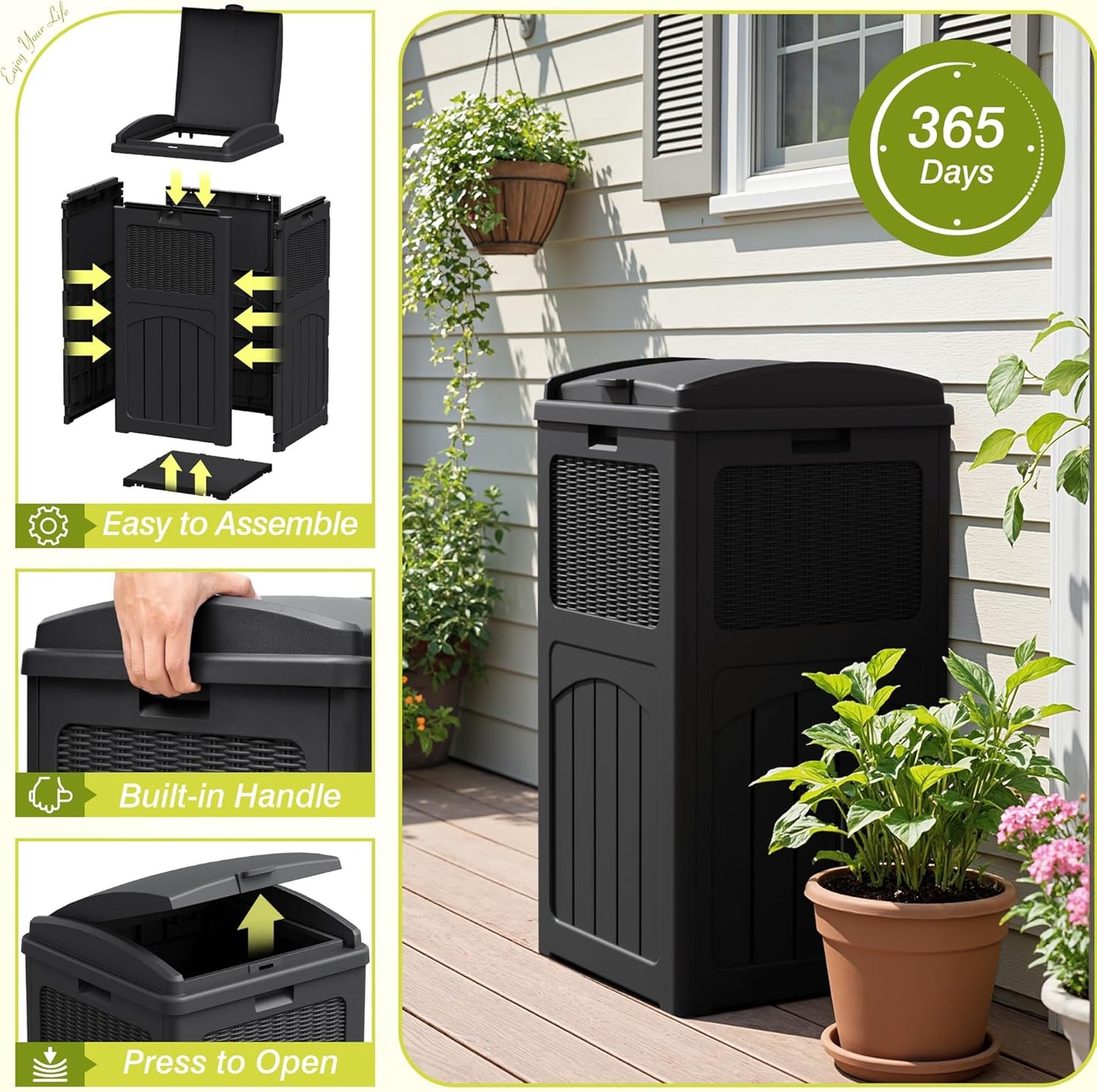 Greesum 33 Gallon Outdoor Trash Can with Lid, Waterproof Resin Garbage Bin for Hideaway, Deck, Patio, 4 Pack, Black