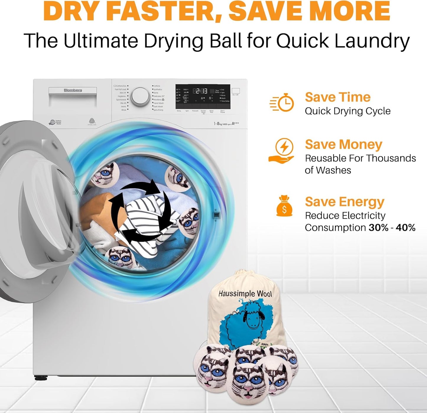 Wool Dryer Balls Organic Felt 6 Pack Laundry Fabric Softener, Extra Large Reusable Handmade Natural Sheep Wool Lint Wrinkle Free Anti Static Baby Safe (Gray Cat)