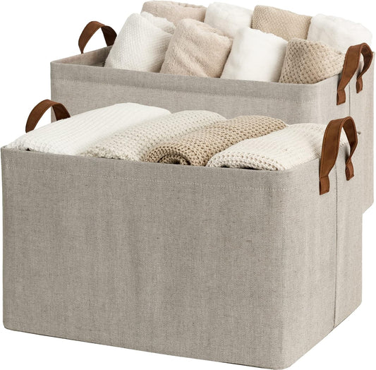 StorageWorks 45L Extra Large Storage Baskets, Storage Bins for Shelves, Closet, Fabric Organizers with Handles and Metal Frame, Brown and Beige, 2-Pack