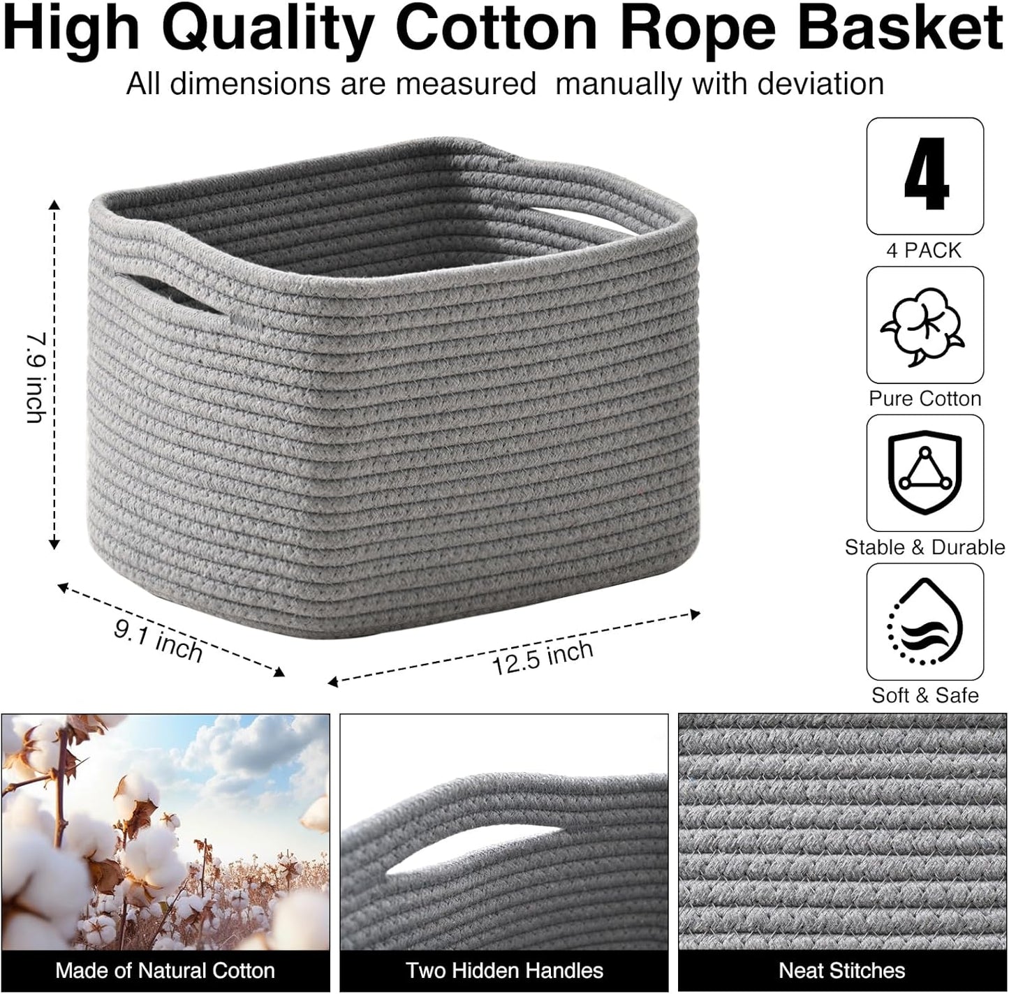 Small Storage Baskets for Shelves Organizing, Woven Cotton Rope Baskets for Storage, Book Basket, Decorative Shelf Basket, 12.5"Lx9.1''Wx7.9''H (4 Packs) Grey
