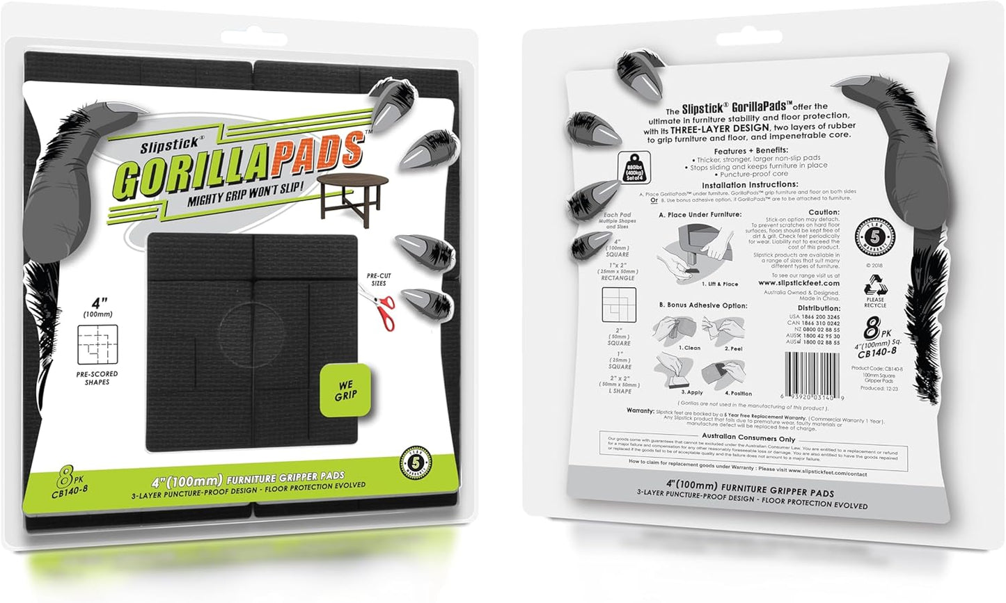 GorillaPads Non Slip Furniture Pads/Floor Grippers (Set of 8 Non Skid Floor Protectors) Pre-Scored to Cut to Multiple Size, 4 Inch Square, Black, CB140-8