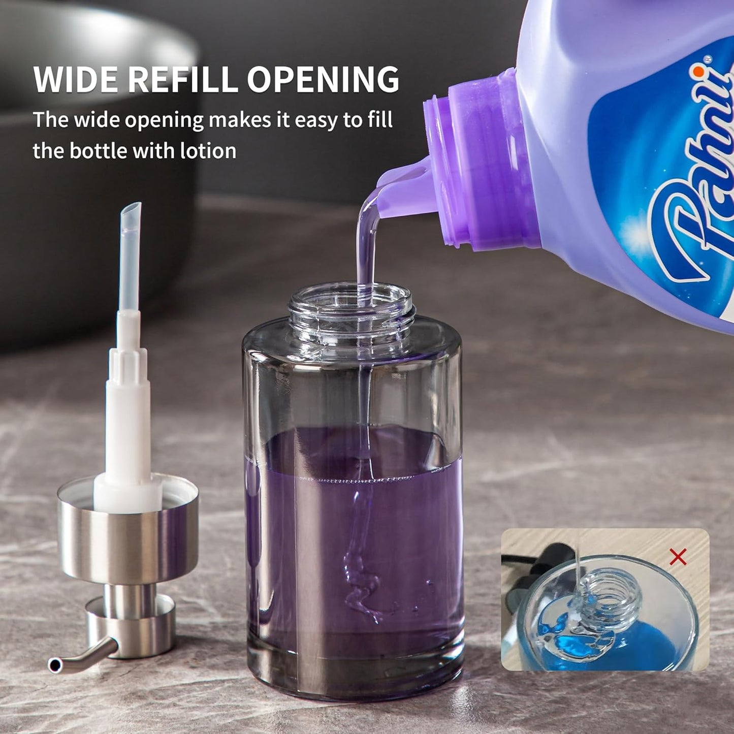 Enra Foaming Soap Dispenser, 12oz Thick Glass Body with Stainless Steel Pump, Bathroom & Kitchen (Silver Foam Dispenser)