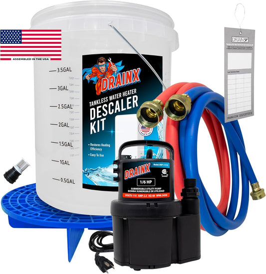 DrainX Tankless Water Heater Flushing Kit Includes Pump, Hoses, Bucket, Maintenance Log, and Replacement Filter for Rinnai Systems – Just Add Vinegar or our Own Descaler