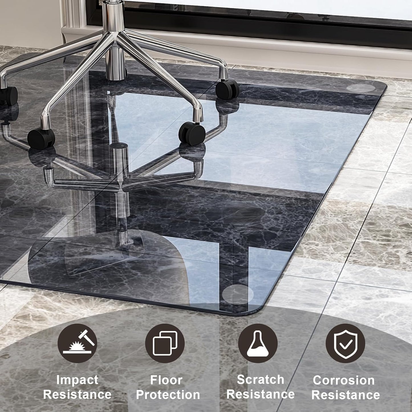 GLSLAND 46" × 55" [Tempered Glass] Chair Mat – Durable Office Chair Mat on Carpet with 0.2" Thickness, 4 Non‑Slip Pads, Sleek & Sturdy Matte Gray Finish, Smooth Glide & Easy Clean, Blue & Grey
