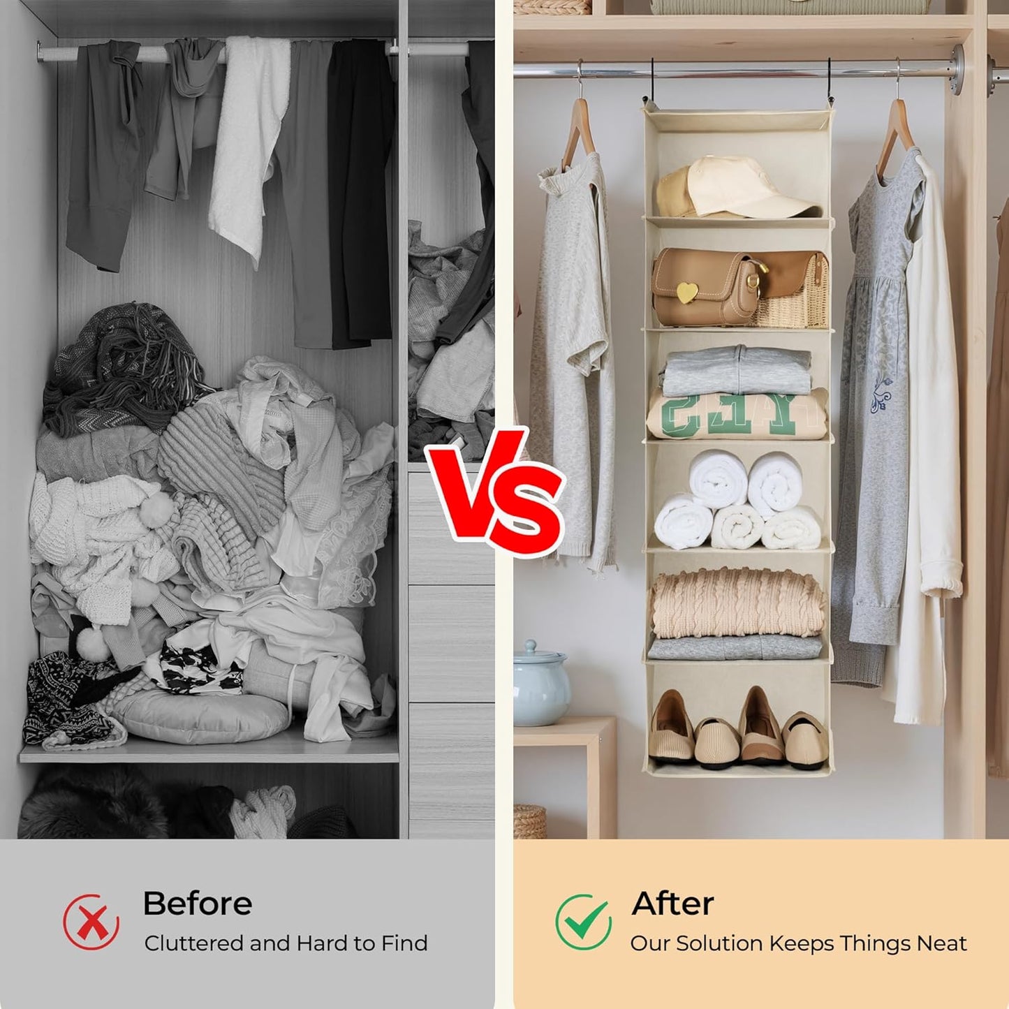 GRANNY SAYS 6 Shelf Hanging Closet Organizers and Storage, Collapsible Closet Hanging Organizer with 2 Sturdy Hooks, Large Hanging Shelves for Closet, College Dorm, Locker, Beige