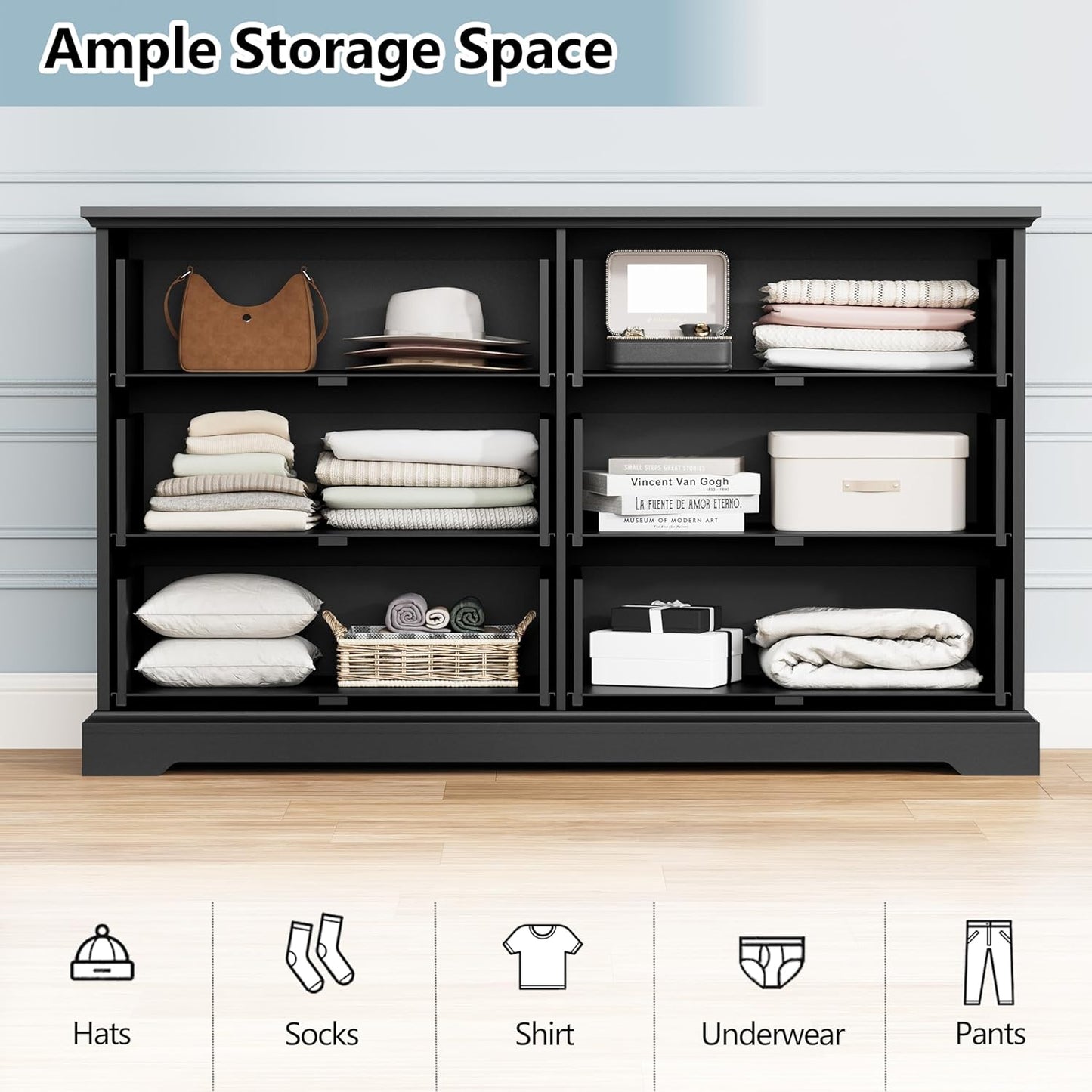 6 Drawer Dresser for Bedroom, 53" Wide Wooden Chest of Drawers, Rustic Farmhouse Dresser with Large Drawers & Metal Handles, Modern Storage Organizer for Closet, Living Room, Hallway, Black