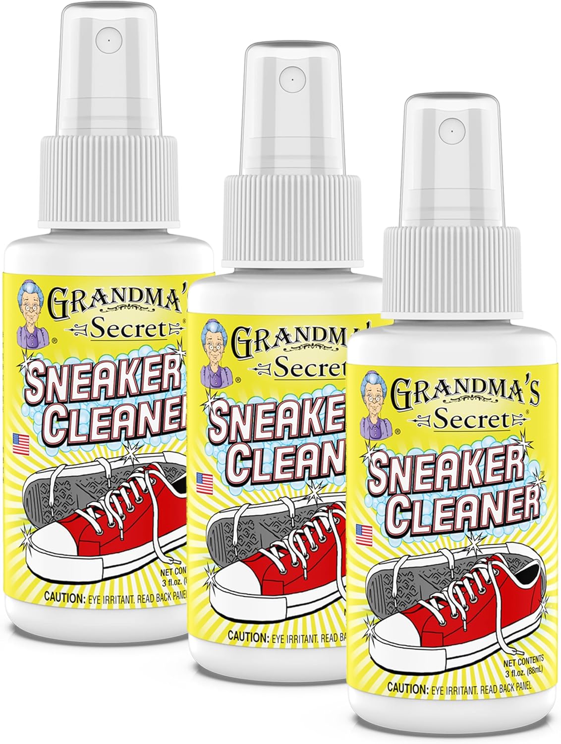 Grandma's Secret Sneaker Cleaner - Shoe Cleaner for Rubber, Canvas and Leather, Stain Remover Spray Removes Dirt, Grime and Grass, Sneaker Cleaner for Outdoor Shoes, Slippers and Moccasins, 3oz 3 Pack