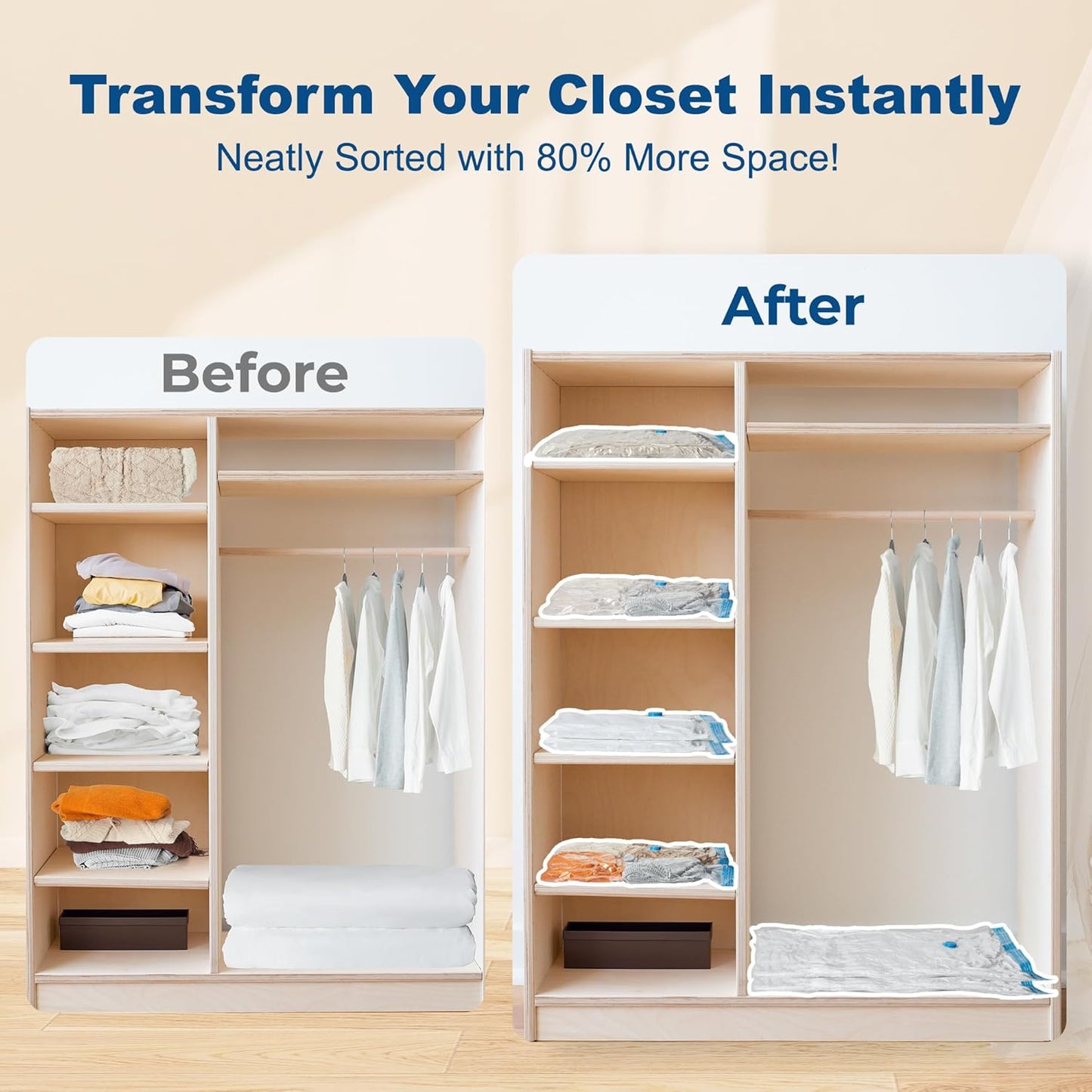 HOUSE DAY 30 Pack Vacuum Storage Bags with Electric Pump, 4 Sizes + 2 Roll-Up (5 Each), Space Saver Vacuum Seal Bags for Clothing, Bedding, Pillows, Travel – Airtight Seal, Reusable & Durable