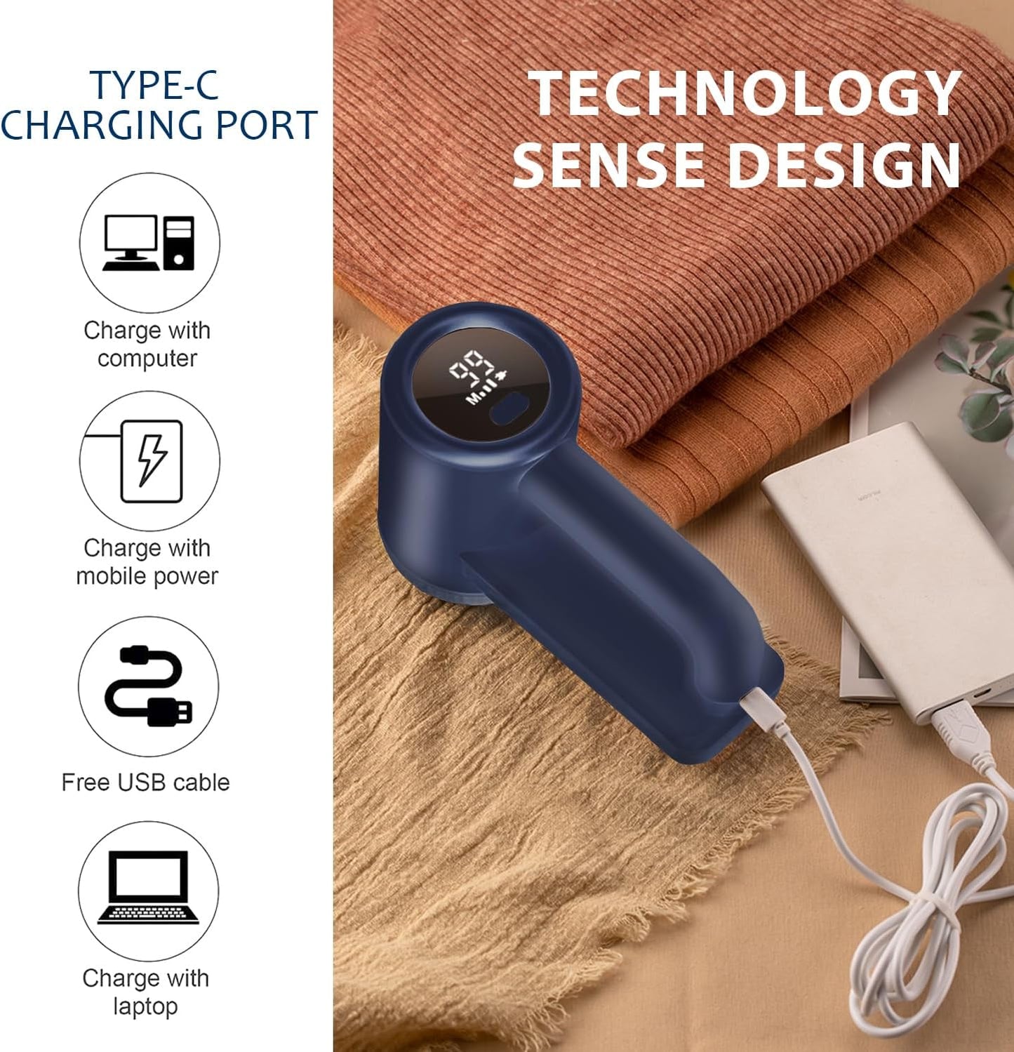 iRUNTEK Rechargeable Fabric Shaver & Lint Remover｜3-Speed Lint Shaver with LED Display & Large Lint Bin｜Sweater Shavers to Remove Pilling｜Eliminates Fuzz & Pilling from Clothes Couch Furniture, Navy