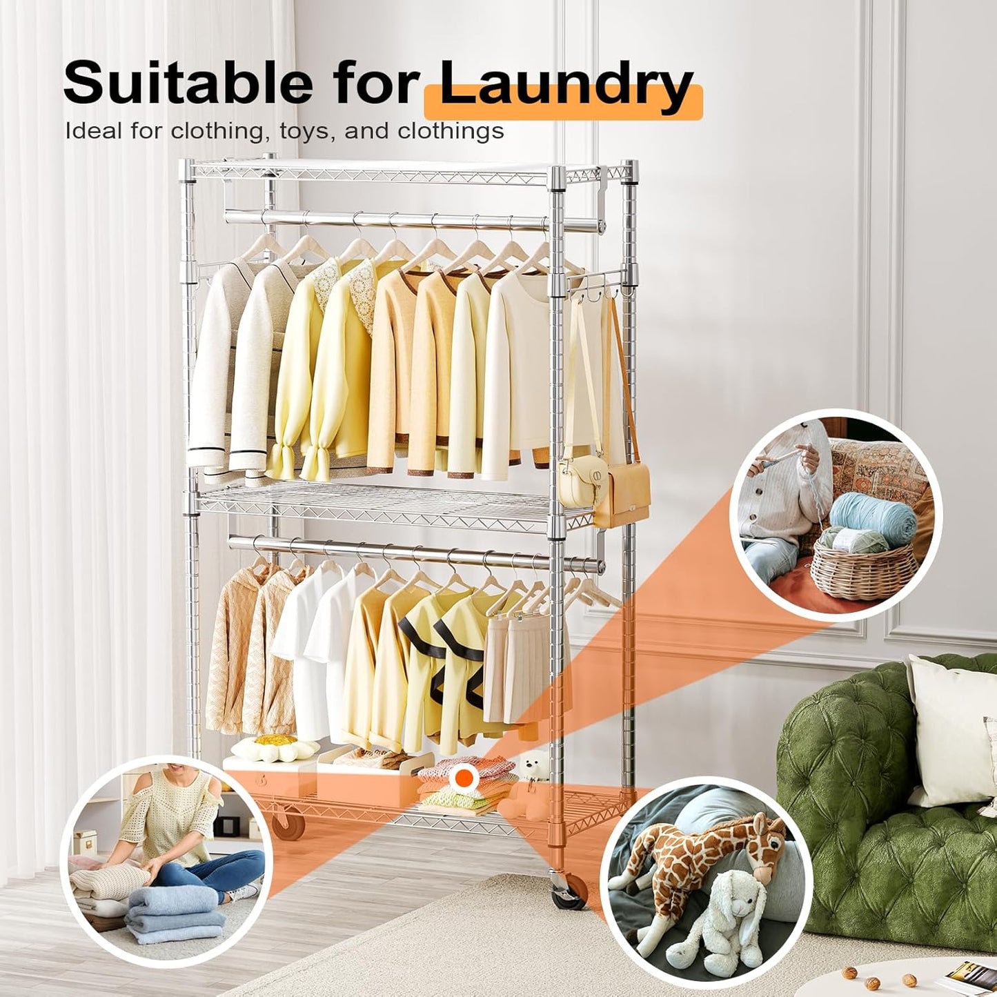 Heavy Duty Rolling Garment Rack 3 Tiers Adjustable Wire Shelving Clothes Rack with 2 Rods and Side Hooks,Storage Closet Clothing Rack with Wheels Chrome 15.7" D x 29.5" W x 74.5" H