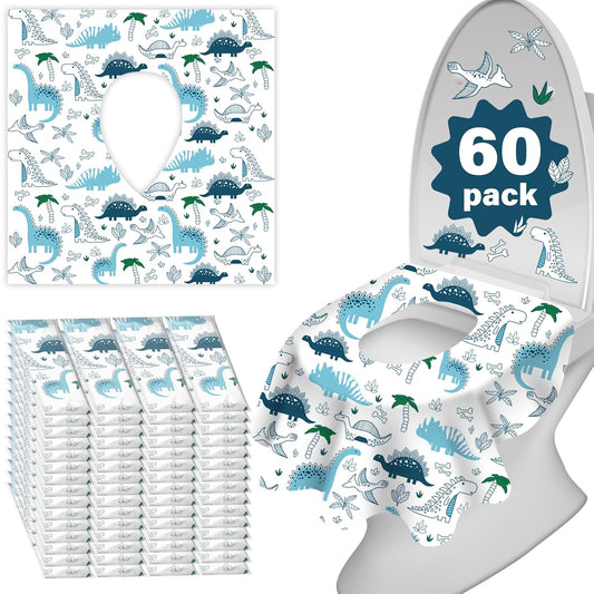 60 Pack Toilet Seat Covers Disposable, Extra Large Waterproof Toilet Cover for Toddlers & Adults, Individually Wrapped Travel Essential Portable Potty Training in Public Restrooms, Trip - Dinosaur