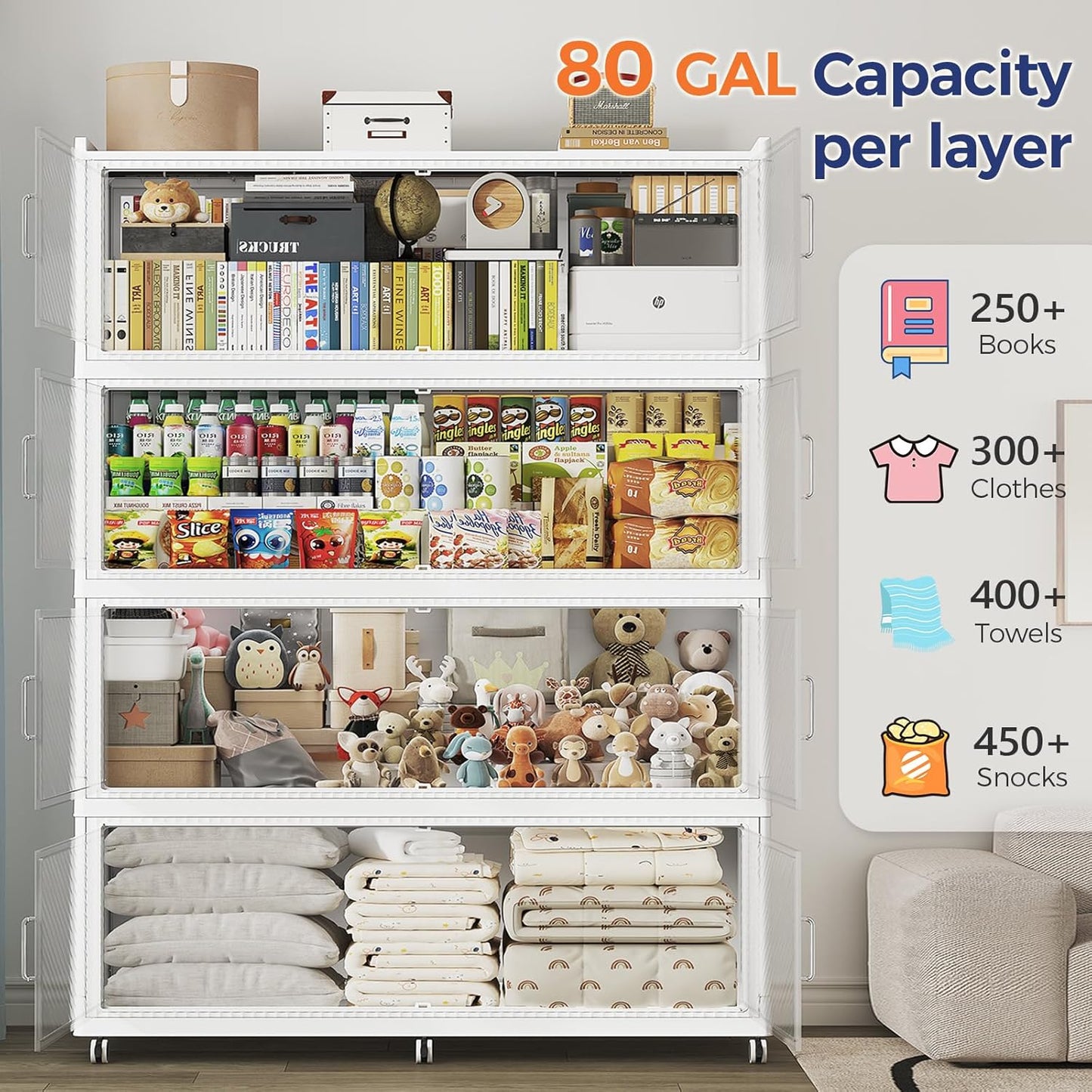 320 Gallon Extra Large Collapsible Storage Bin with Lid, 1280QT Stackable Plastic Organizer with 6x Wheels, Foldable Drawer Cabinet for Closet, Living Room Office Dorm 4Pack, White