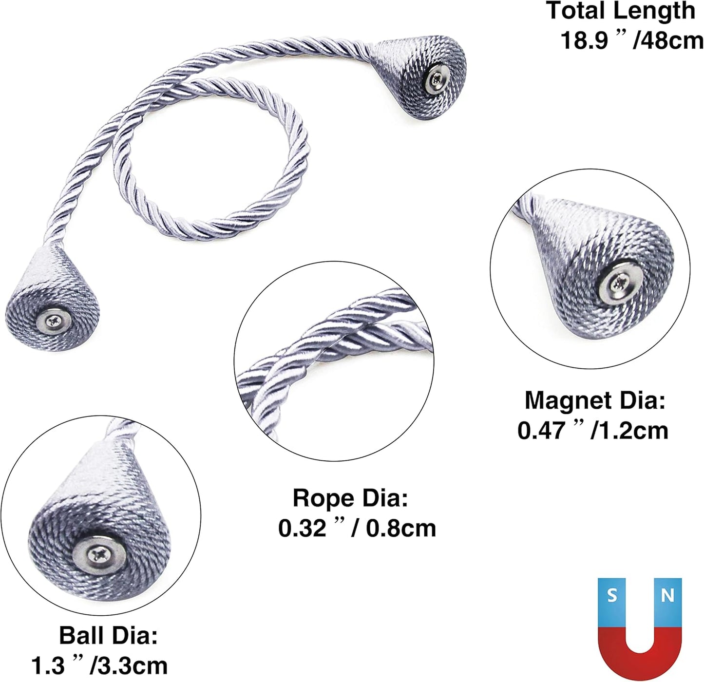 2 Pack Magnetic Curtain Tiebacks Rope Modern Handmade Curtain Tie Backs Decorative Drapes Weave Holdbacks for Window Décor, Grey