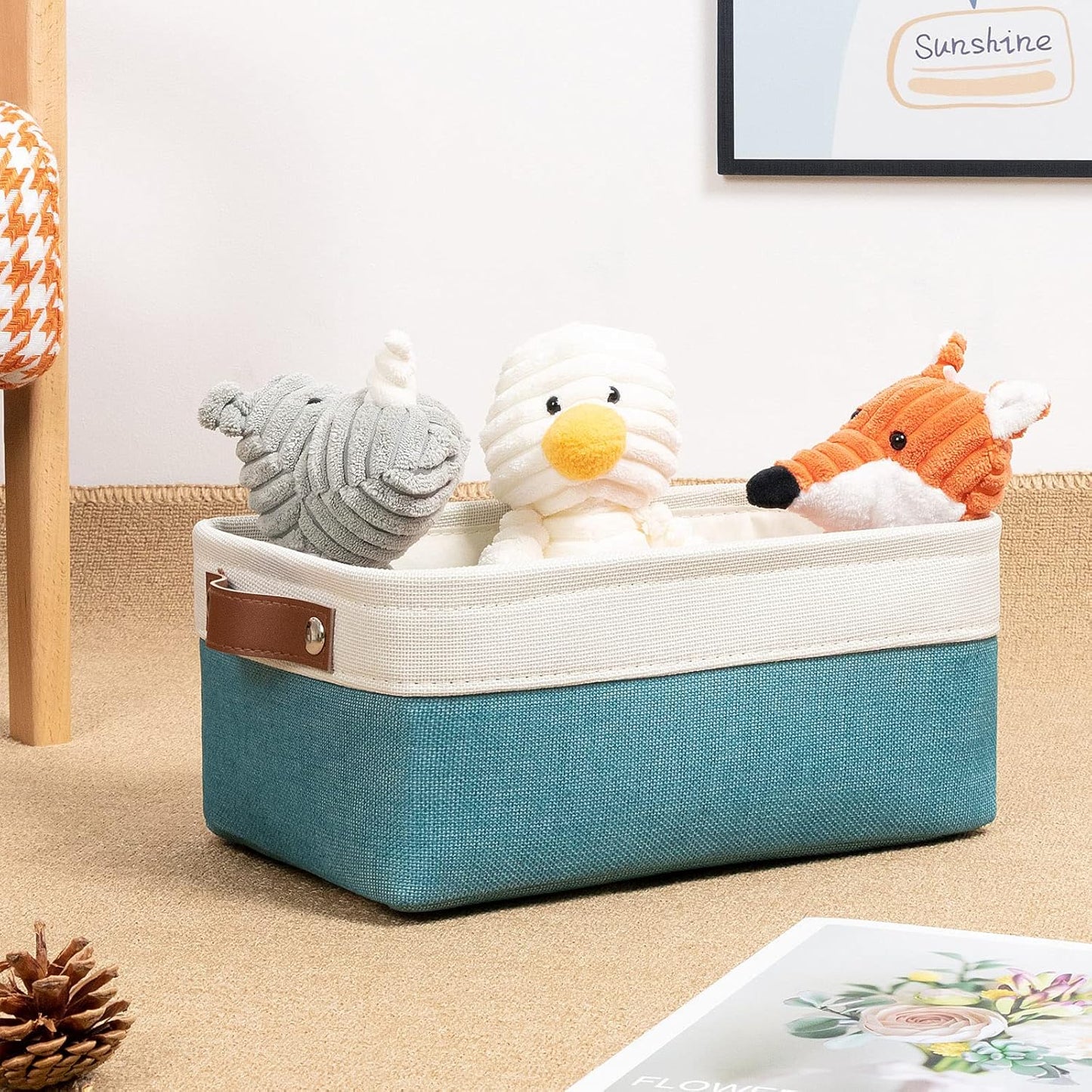 DULLEMELO Small Collapsible Fabric Basket for Organizing, Shelves, Closets, Laundry, Nursery, Decorative Gift Basket (White & Teal)