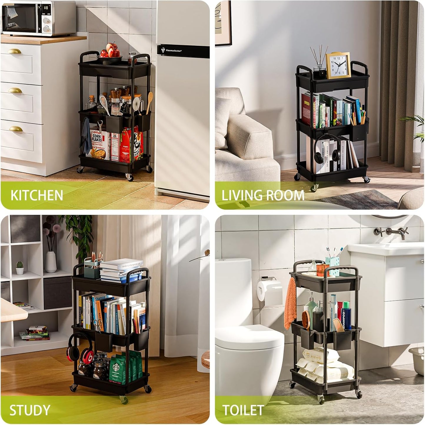 3 Tier Rolling Cart Organizer,Laundry Room Bathroom Organizers and Storage Office Shelves Mobile Shelving Unit Kitchen Trolley Cart with Wheels for Art,Craft,Diaper,Bedside,Snack(Black)