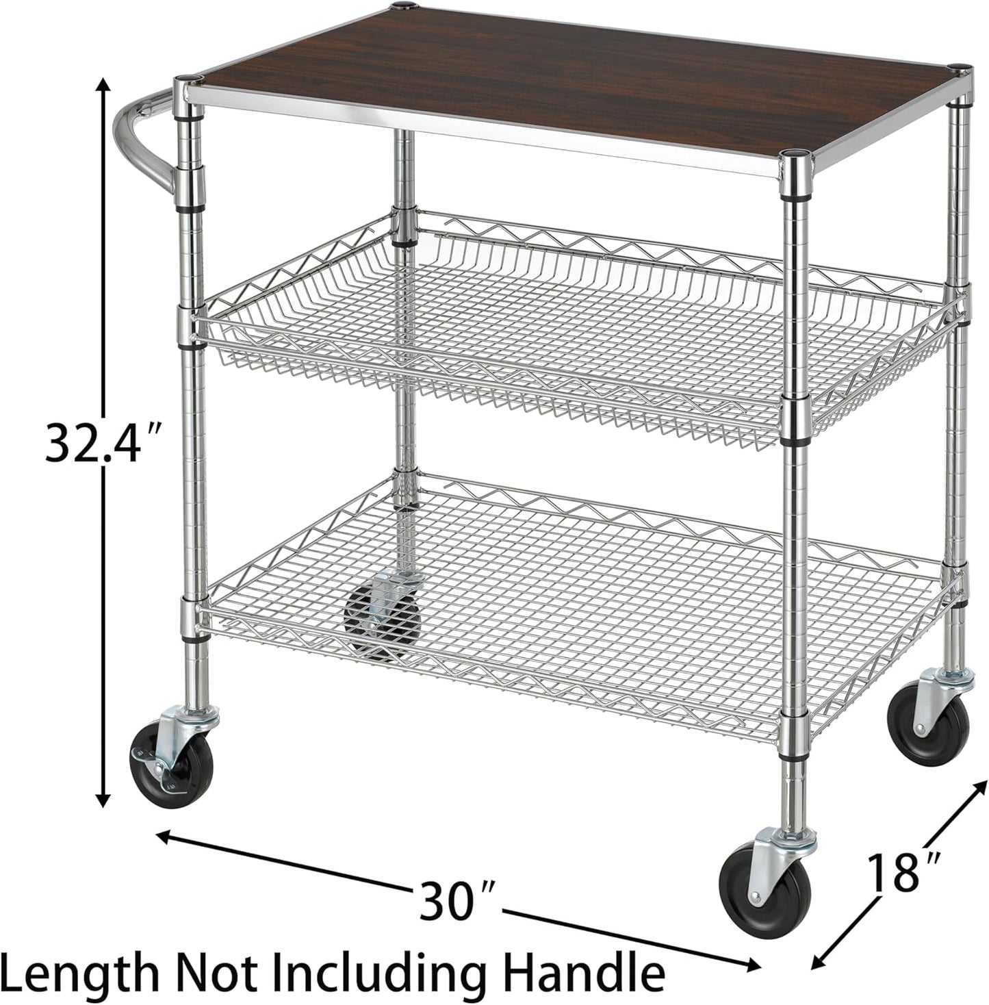 Finnhomy 3 Tier Heavy Duty Commercial Grade Utility Cart with Wood Top, Wire Rolling Cart with Wheels and Handle Bar, Kitchen Carts on Wheels, Metal Cart with 600 LBS Capacity, Chrome