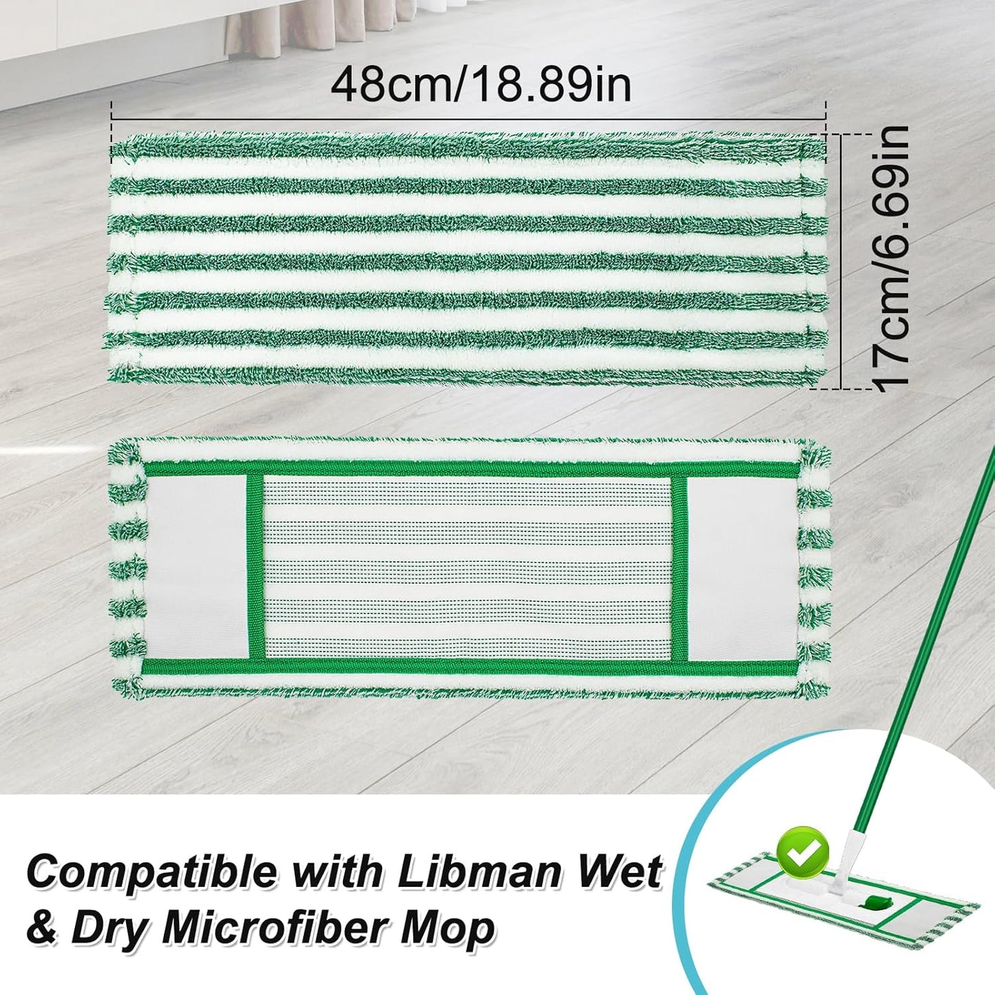 Microfiber Mop Pad Refills Compatible with Libman Wet & Dry Microfiber Mop,Reusable Mop Head Replacement for Multi Surface Floor Wet/Dry Cleaning,2 Pack Microfiber Dust Mop Pads Refills,Green/White