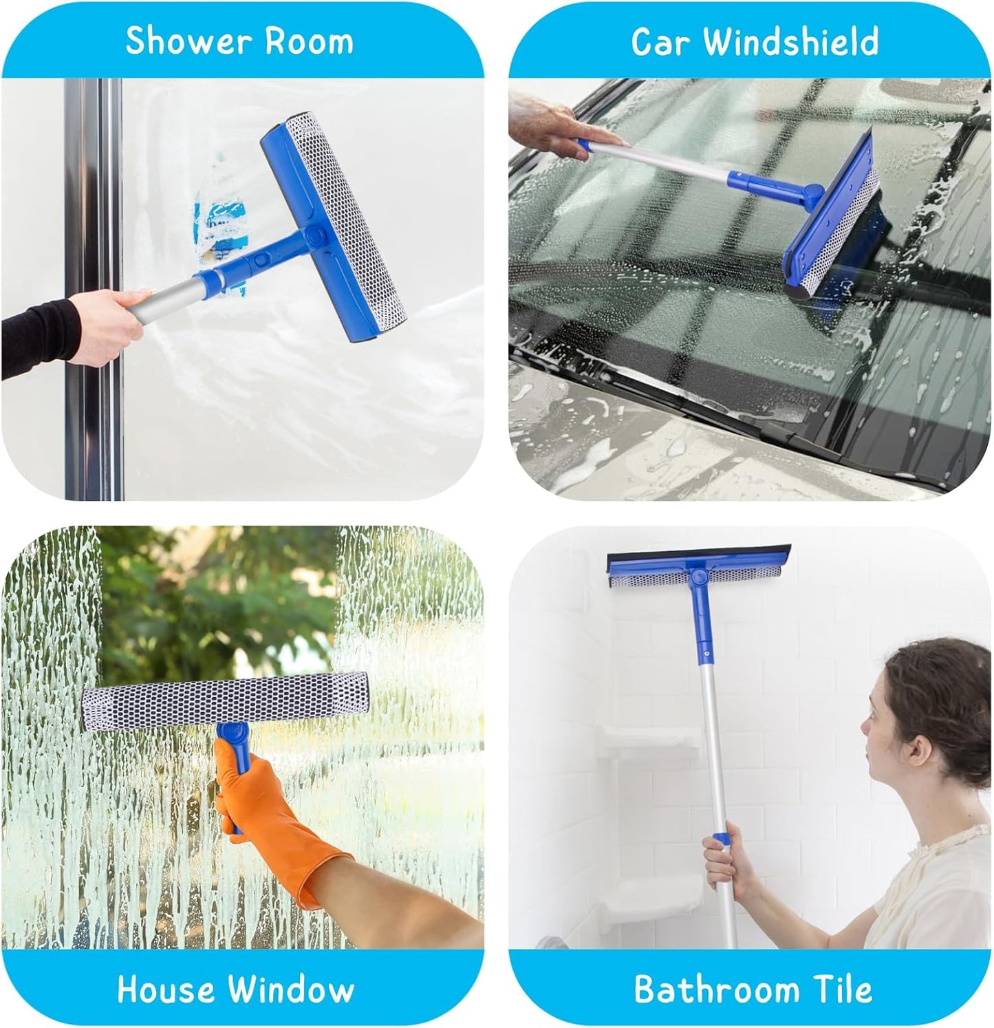 Window Cleaner Tool for Home with 20''-30'' Extension Pole, Squeegee for Car Windshield Cleaning, Glass Washer for Shower Doors, Mirror