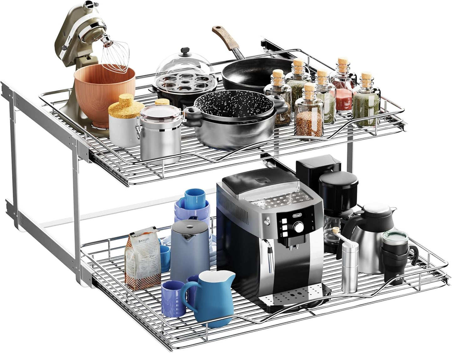 HOLDN’ STORAGE Two Tier Pull Out Cabinet Organizer, Individual Sliding Drawers - Heavy Duty Metal with Lifetime Limited Warranty - Anti Rust Chrome Finish - 30" W x 21”D x 16.5" H