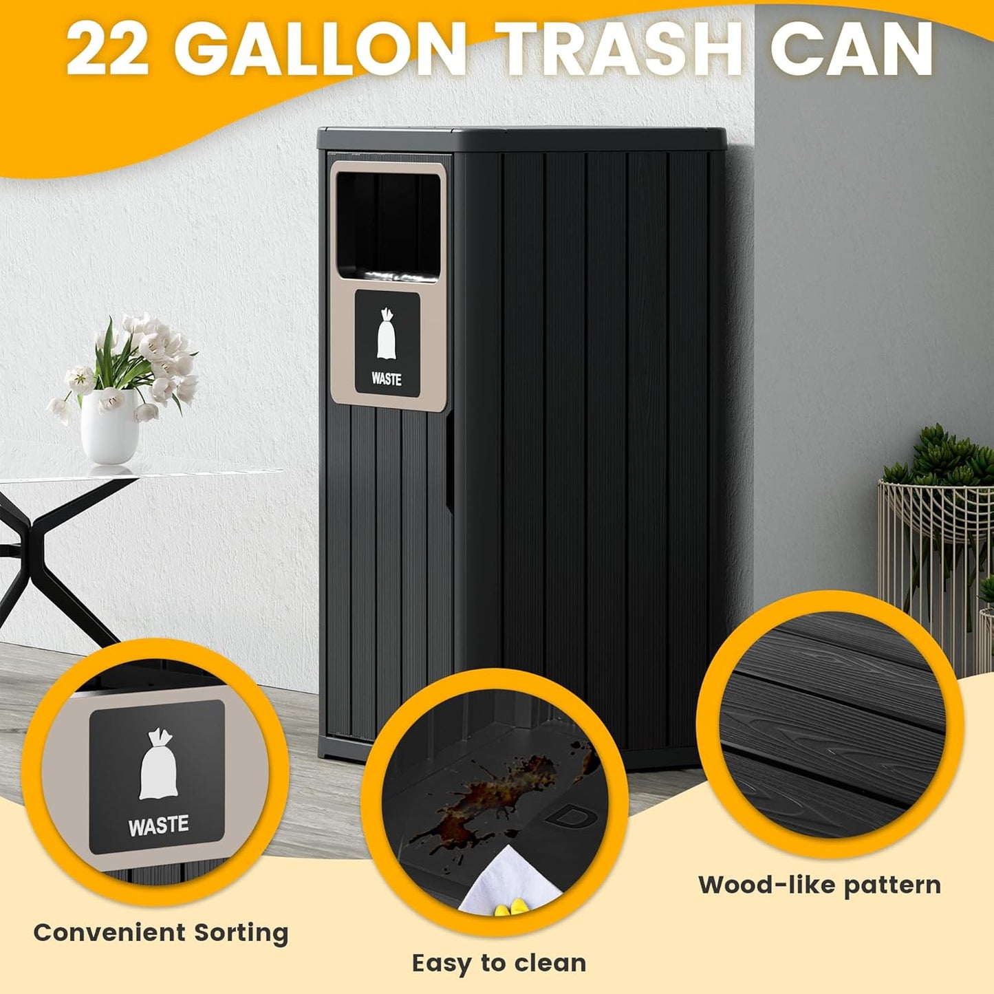 22 Gallon Outdoor Trash Can Waterproof Resin Garbage Can with Waste Labels Outside Trash Bin for Patio Kitchen Commercial Garbage Can Backyard or Deck Black