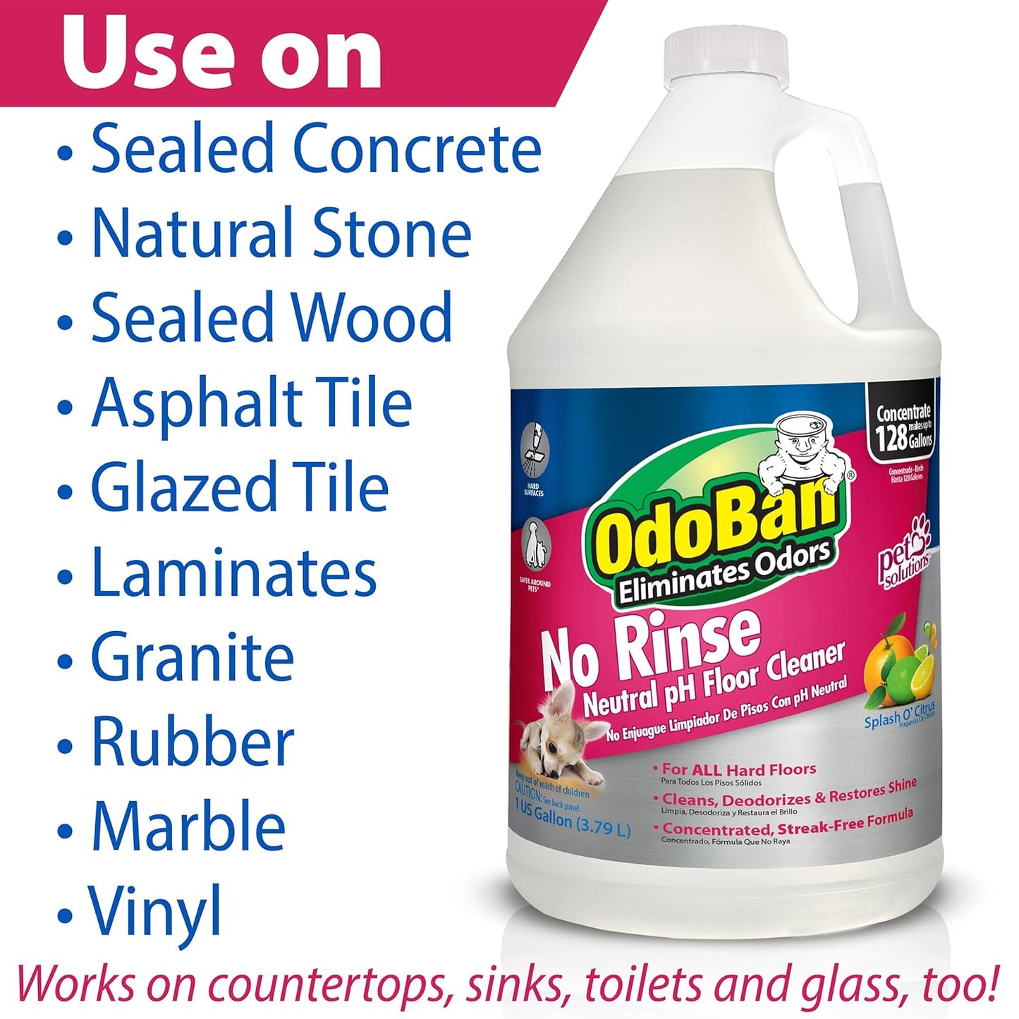 OdoBan Pet Solutions No Rinse Neutral pH Floor Cleaner Concentrate, Made in the USA, Splash O' Citrus Scent, 4 Gallons