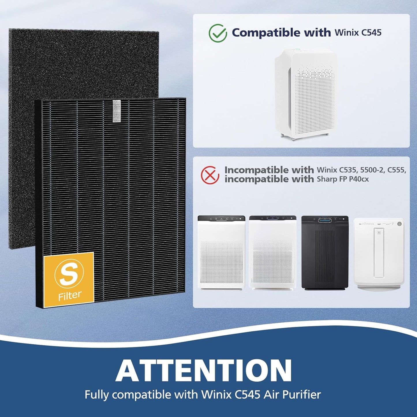 2 Pack C545 HEPA Smoke Replacement Filter S Compatible with Winix C545 Air Purifier, Replaces Part 1712-0096-00 and 2522-0058-00, 2 HEPA Filter + 8 Activated Carbon Filters, Black