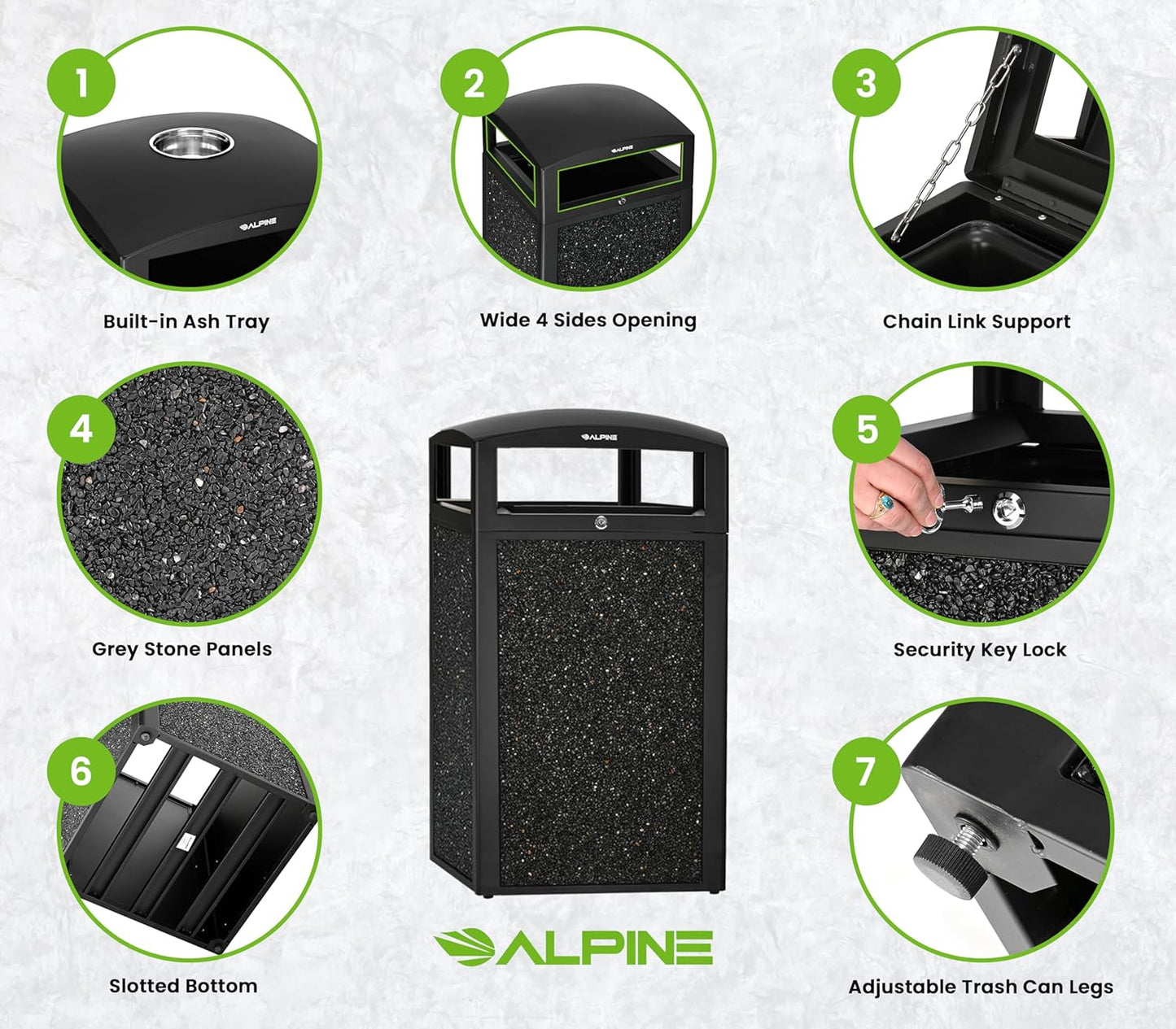 Alpine Outdoor Commercial Trash Can with Lid - 40 Gallon Heavy Duty Metal Garbage Can with Removable Bin, Locking Lid for a Modern Look in Park, Mall & High Traffic Areas-Grey Stone Panels (With Tray)