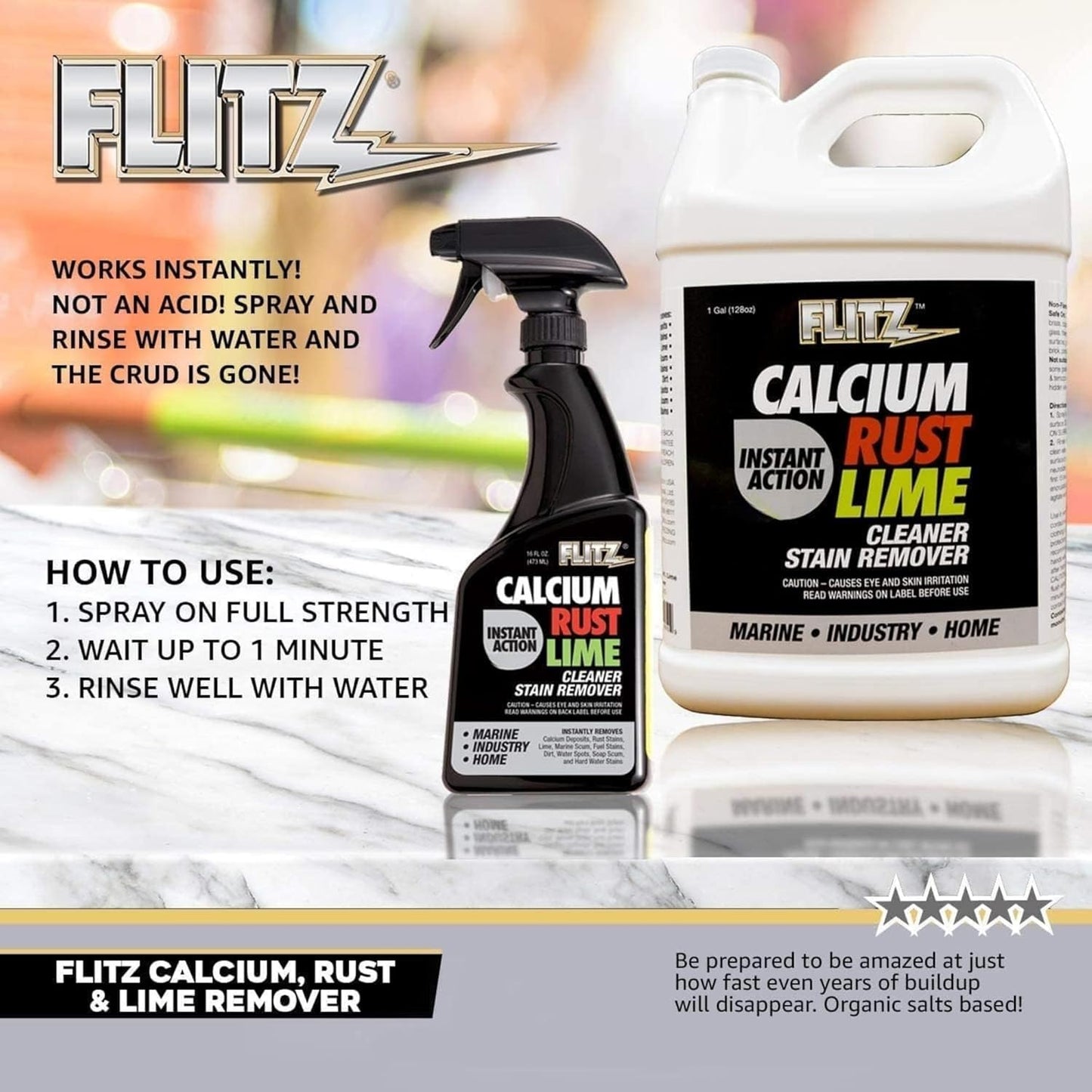 Flitz Calcium, Rust, & Lime Remover - 1 Gallon Bottle of USA-Made Limescale Remover for Toilets, Showers, and More - Powerful Spray that Instantly Eliminates Tarnish, Grease, and Other Grime (1 Pack)