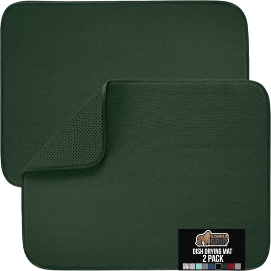 GORILLA GRIP Ultra Water Absorbent Microfiber Dish Drying Mat, Quick Dry Thick Mesh, Slip Resistant Pad for Sink Dishes Under Rack, Kitchen Counter Accessories, 16x18, Machine Wash, 2 PK Hunter Green