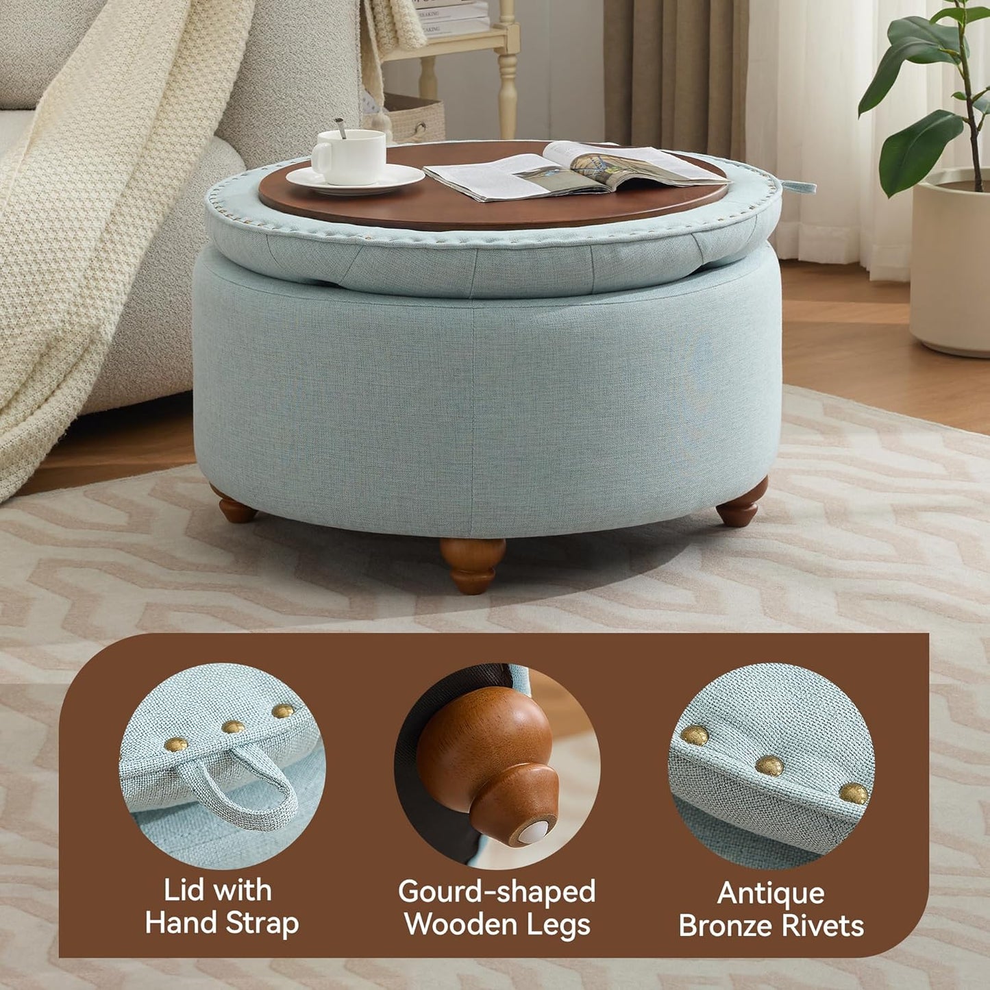 30Inch Round Storage Ottoman with Tray, Modern Tufted Fabric Circle Coffee Table with Storage, Upholstered Ottoman with Removable Top for Living Room, Bedroom, Light Blue