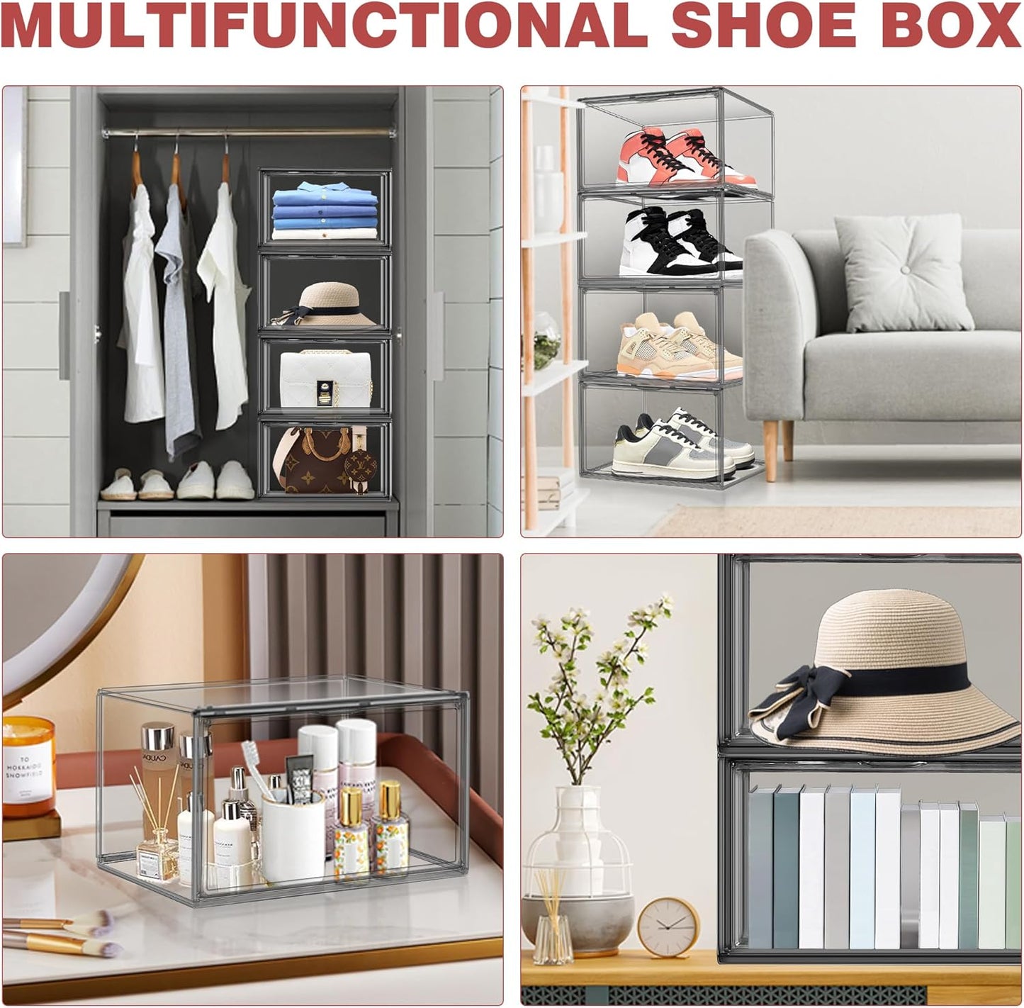 4 Pack Grey Shoe Storage Boxes Clear Plastic Stackable Shoe Display Case with Magnetic Door, Easy Assembly Fit up to US Size 13