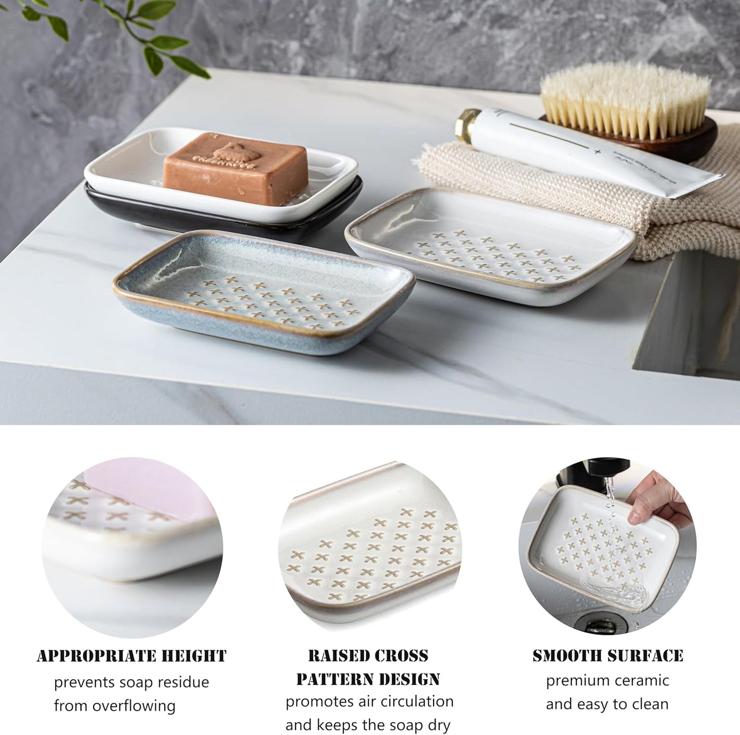 Gomakren Soap Dish, Shower Soap Holder, Ceramic Soap Dishes for Bar Soap Sponge Shampoo, Soap Saver Tray for Bathroom Kitchen Sink Counter, 5.5 Inch, Beige