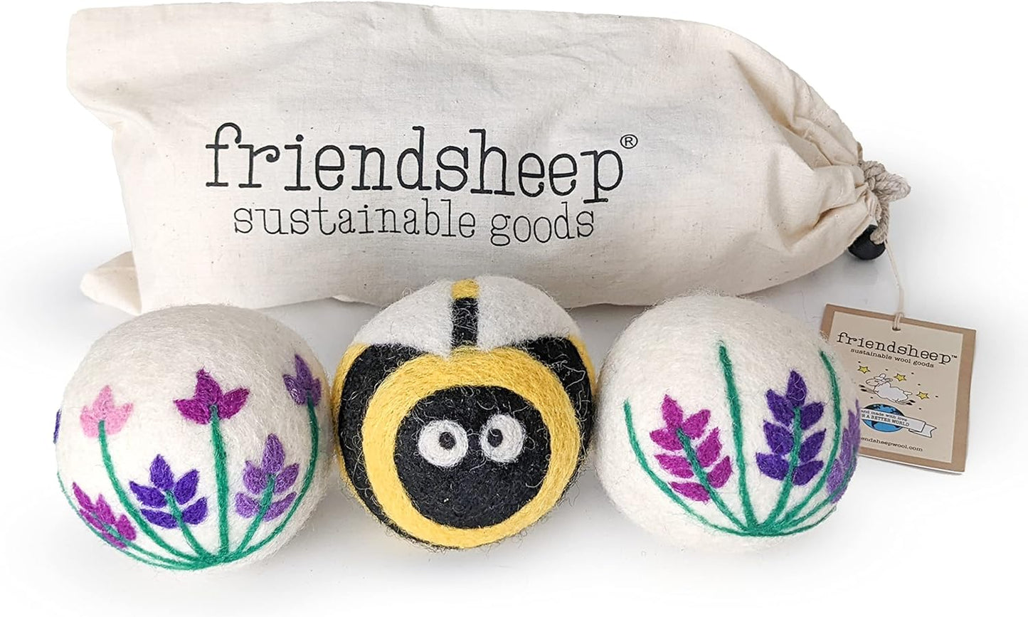 Friendsheep Wool Dryer Balls, Organic Reusable Fabric Softener Alternative for Laundry, Handmade, Fair Trade, Hypoallergenic, Eco-Friendly, Plastic-Free (3 Pack XL – Lavender Fields Bee Flower)