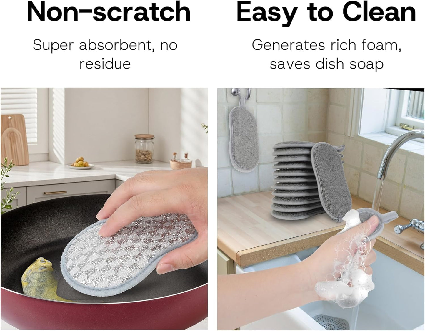 Multi-Purpose Scrub Kitchen Sponges – 12 Pack Dish Sponge, Dual-Sided Non-Scratch Microfiber & Metal Scrubber, Reusable Heavy Duty Sponges for Dishes, Pots, Glass, Sink, Stovetop & Bathroom
