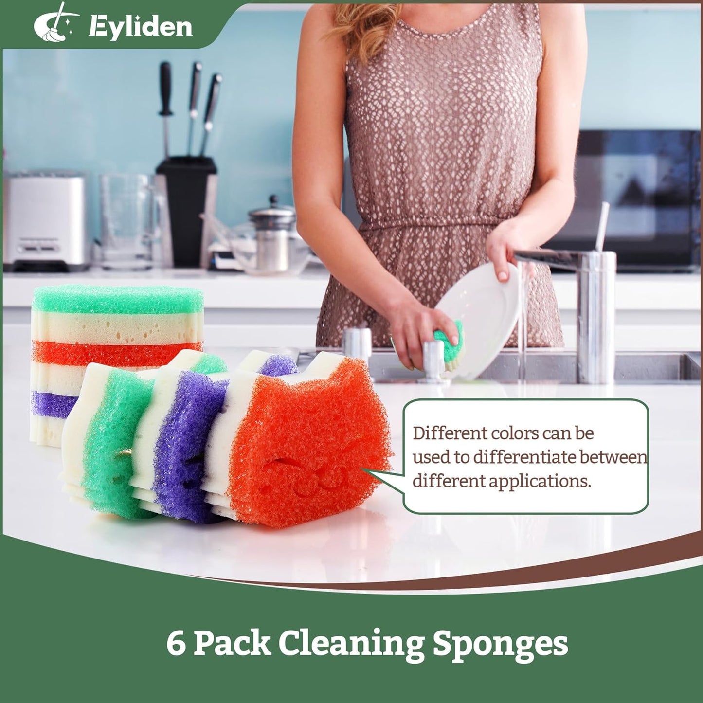 Eyliden 6 Pack Scrub Sponge - Dual-Sided, Smart-Temp Firmness, Dish Scrubber, Non-Scratch, Multi-Surface Safe Cleaning Sponges - Kitchen, Bathroom, Dish for Scrubbing (6)