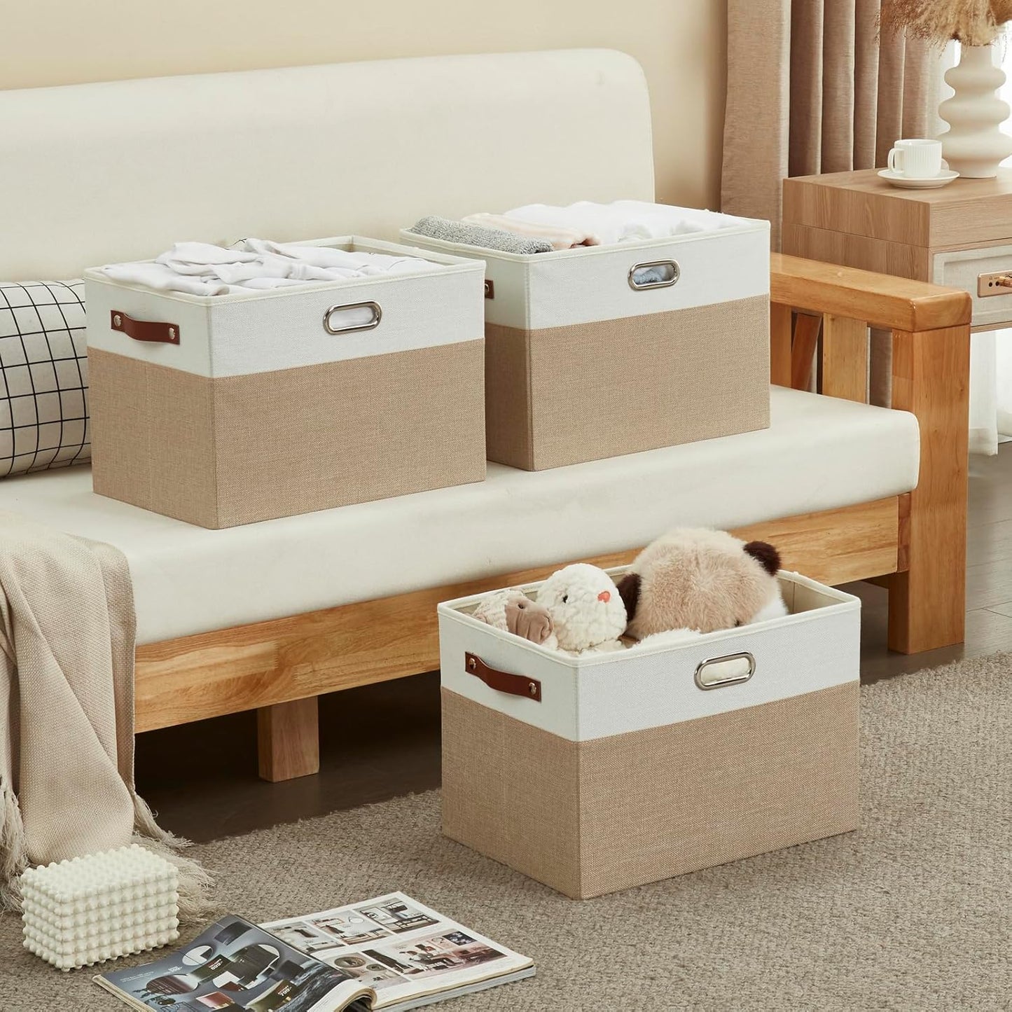 Large Collapsible Fabric Storage Bins with 3 Handles, Foldable Organizer Baskets for Closet, Shelves, Living Room | 3 Pack, Durable PU & Metal Handles (17"x11.8"x11.8", Beige & White)