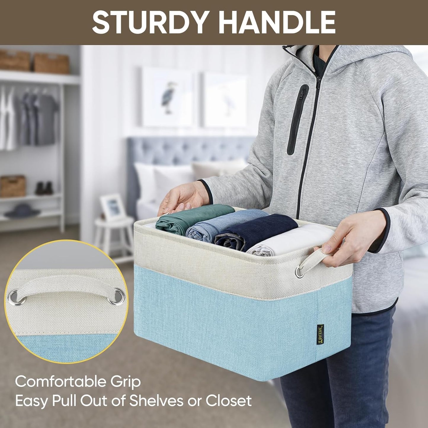 BALEINE 3 Pack Fabric Storage Bins for Shelves, Linen Storage Baskets for Organizing, Decorative Closet Bins for Clothes, Home (Skyblue, 15''x11''x9.5'')