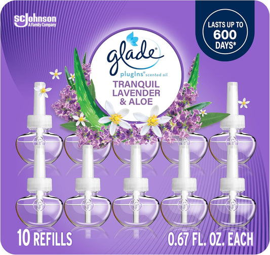 Glade PlugIns Refills Air Freshener, Tranquil Lavender & Aloe, Scented and Essential Oils for Home and Bathroom, 0.67 Fl Oz, 10 Count