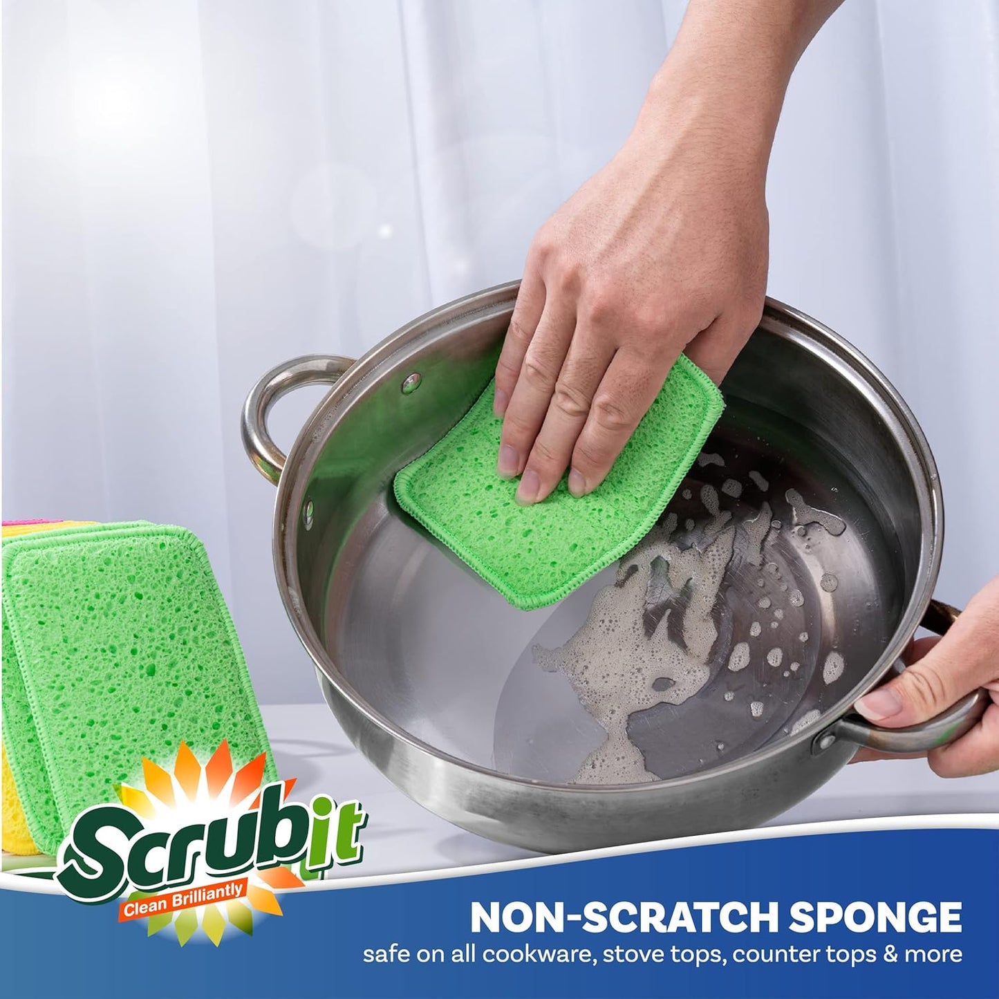 Scrub and Wipe Cleaning Pads [10 Pack] – SCRUBIT Dual Sided Scouring Pad and Sponge - Reusable Kitchen Scrubbing Sponges for Dishes, Pots, Pans Utensils & Non-Stick Cookware (Green)