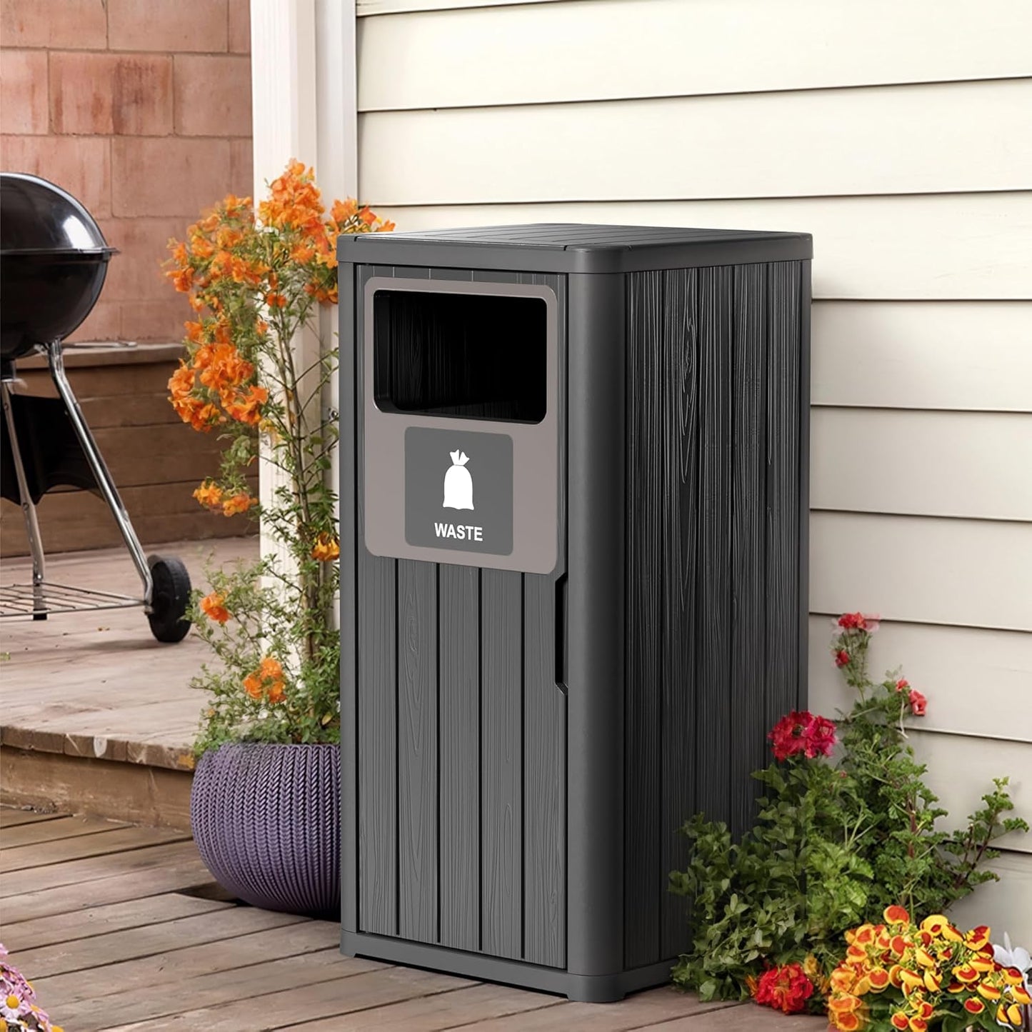 Outdoor Single Barrel Trash Can,Waterproof Resin Garbage Can with Garbage Labels,Durable Waste Bin for Porch, Backyard,Kitchen,for 30 to 39 Gallon Trash Bags