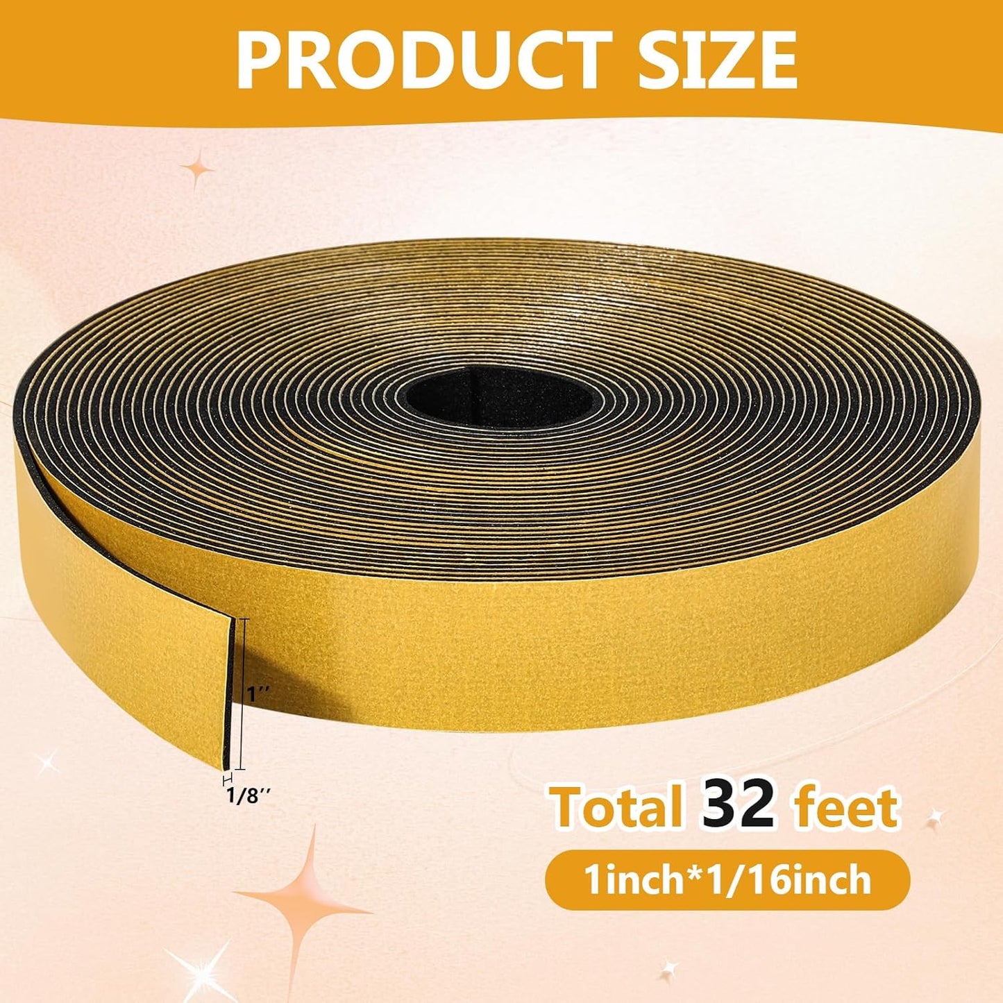 32Feet Weather Stripping Seal (1 Inch X 1/16 Inch) for Door Window, High Density Foam Tape, Soundproofing, Insulation Strip, Door Sealers for Door Frame- Black