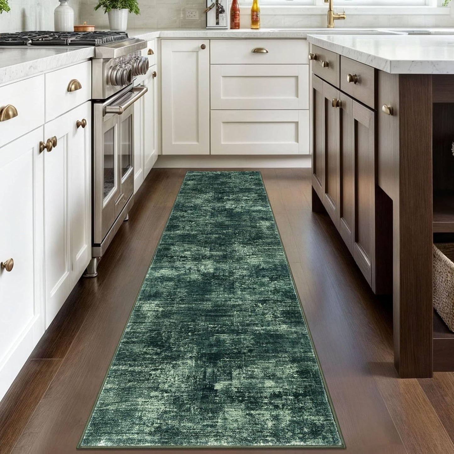 IOHOUZE Abstract Runner Rug 2x8 Ft Washable Runners for Hallways, Non Slip Kitchen Runner Printed Faux Wool Entryway Runner Indoor, Modern Abstract Floor Carpet for Hall Kitchen Bedroom, Dark Green