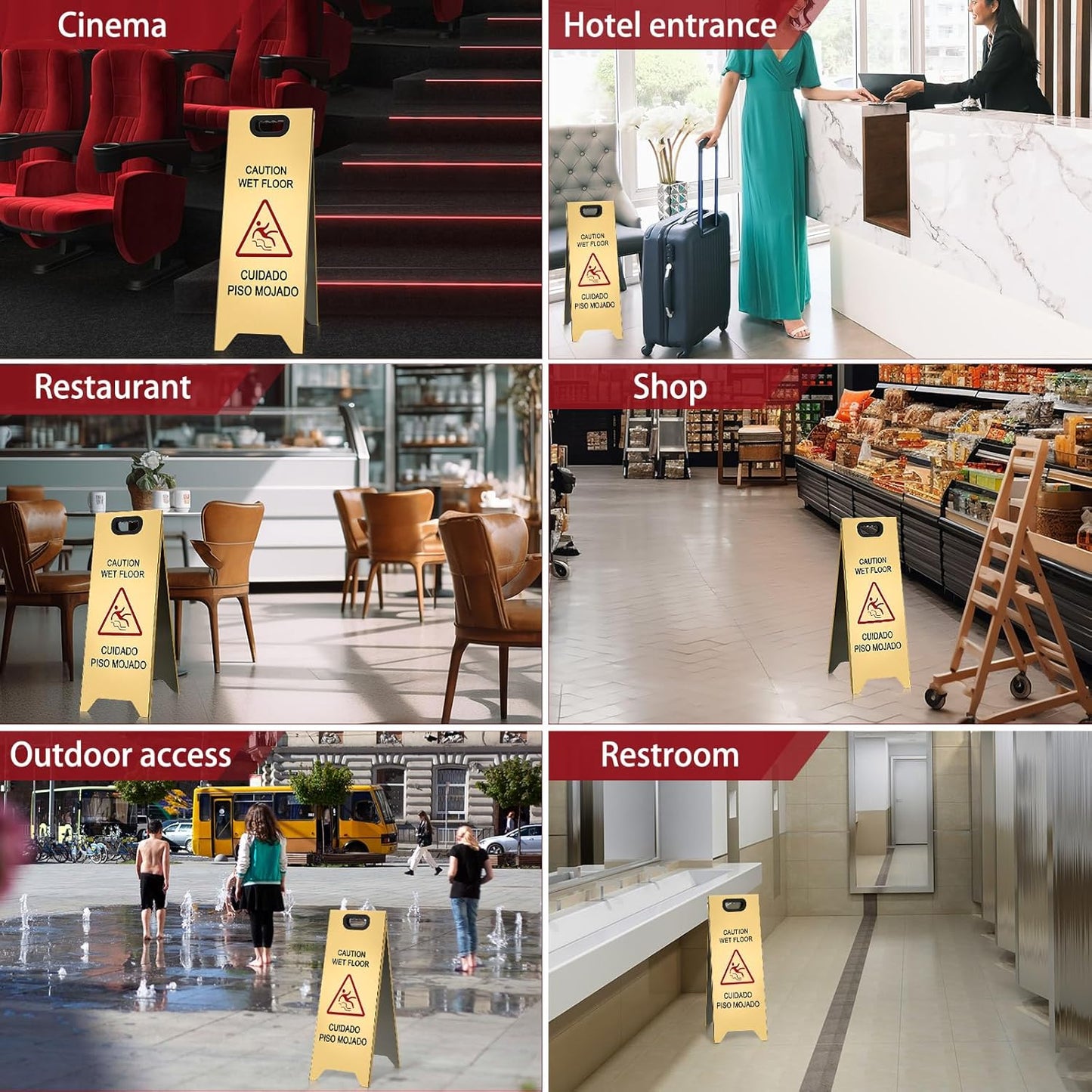 2 Pcs 24 Inch Stainless Steel Wet Floor Sign, Heavy Duty Caution Wet Floor Sign Double Sided Portable Foldable Bilingual Safety Warning for Restaurant Restroom Office Avoid Fall (Gold)