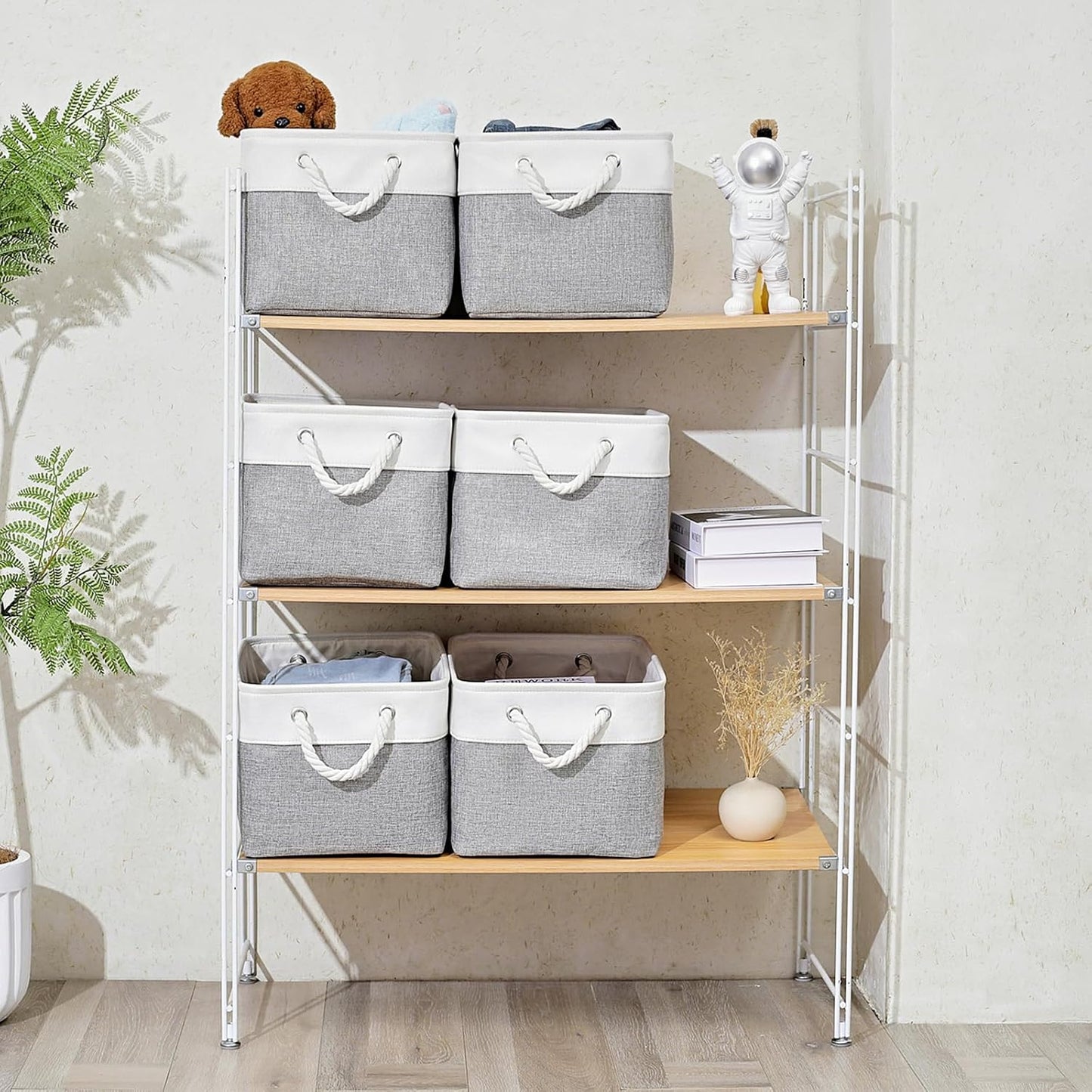 15x11x9.5 Inch Storage Baskets for Shelves,3 Pack Storage Bins，Foldable Organizer Boxes, Decorative Storage Basket for Organizing Clothes, Toys, Books, Foldable Cloth Baskets (White&Gray)